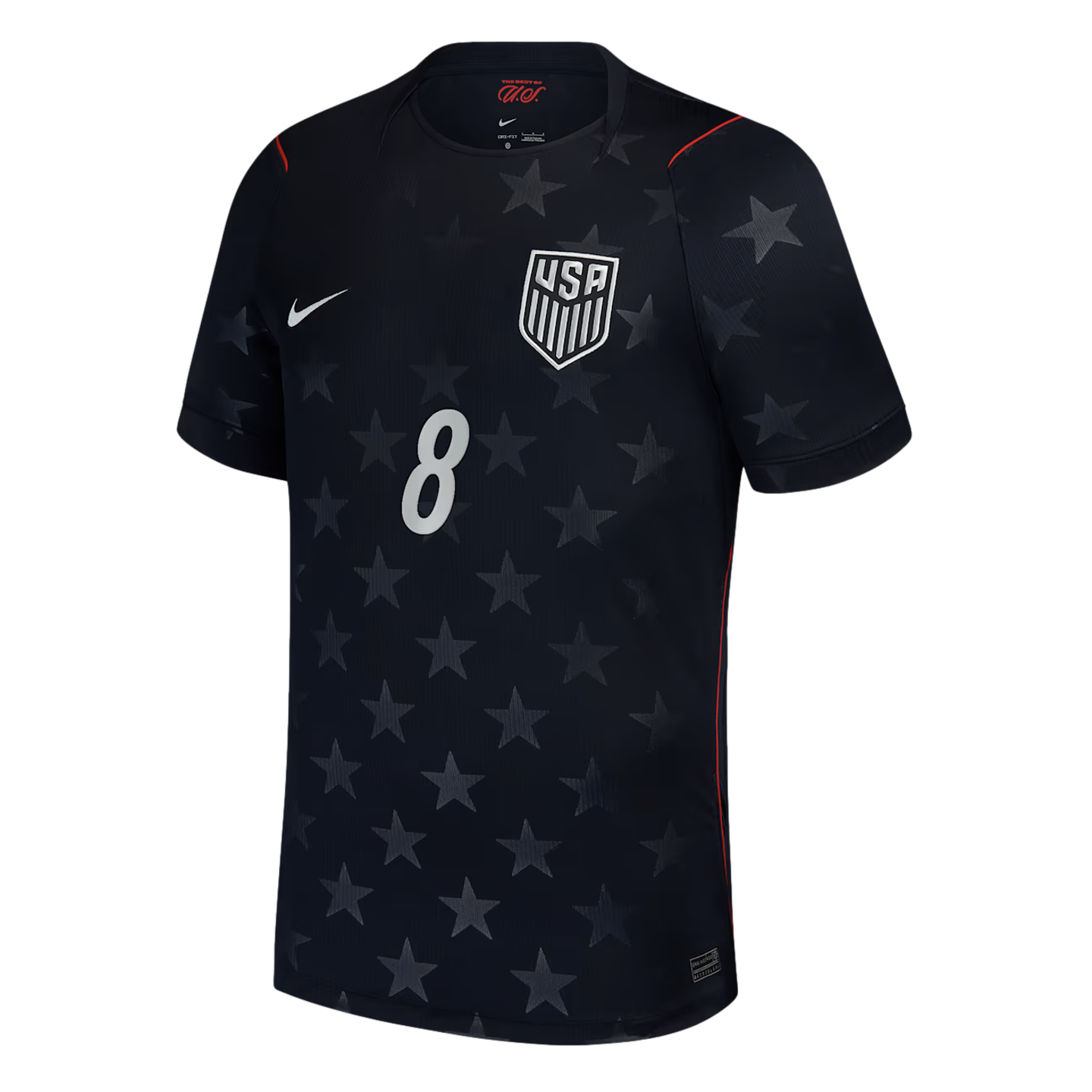 A black Nike USA soccer jersey with a tonal star pattern, featuring the team crest, a white Nike swoosh, a large white number 8, and thin red piping accents.