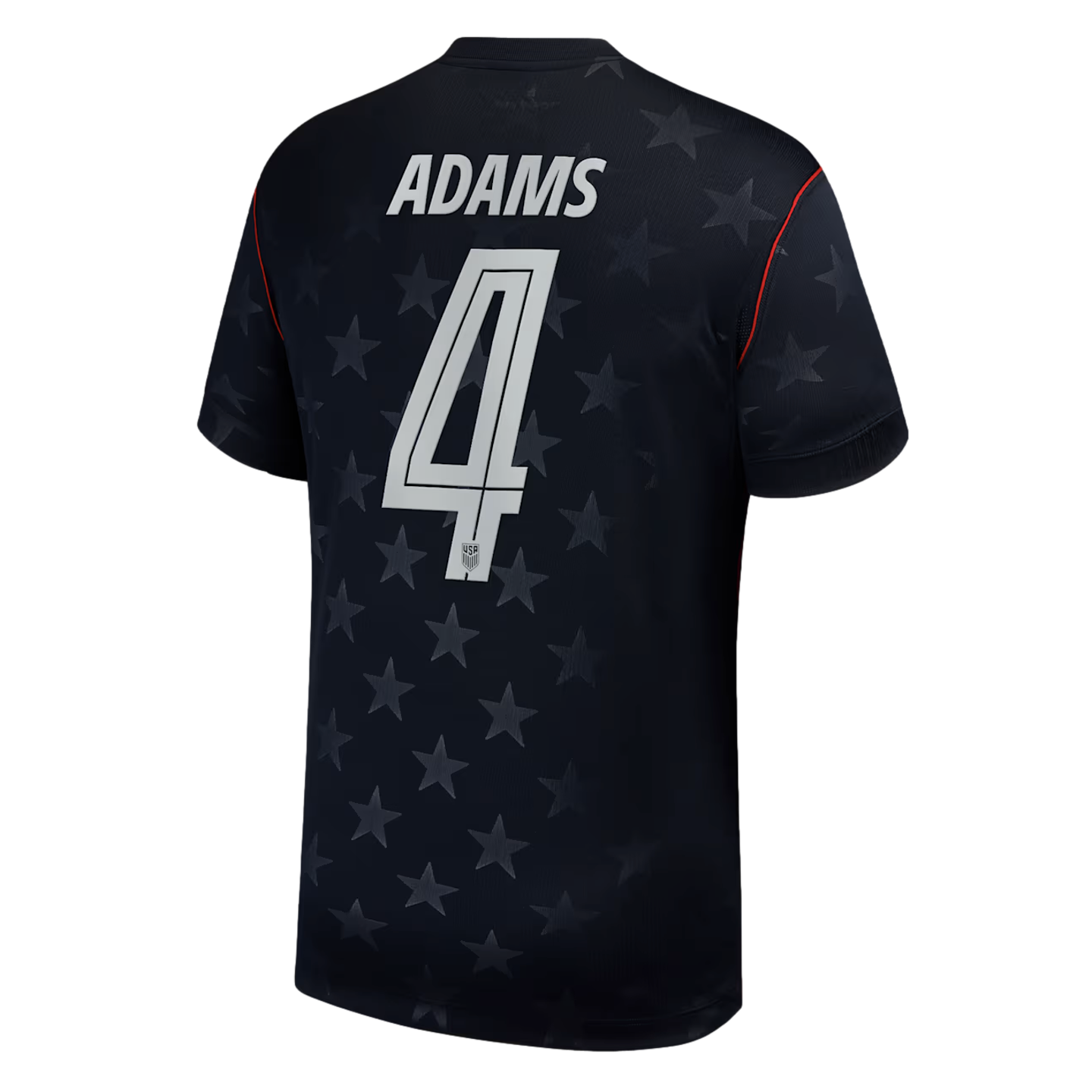 Back of a navy USA soccer jersey featuring "ADAMS" and number "4" in white. The fabric has an embossed star pattern and thin red shoulder piping.