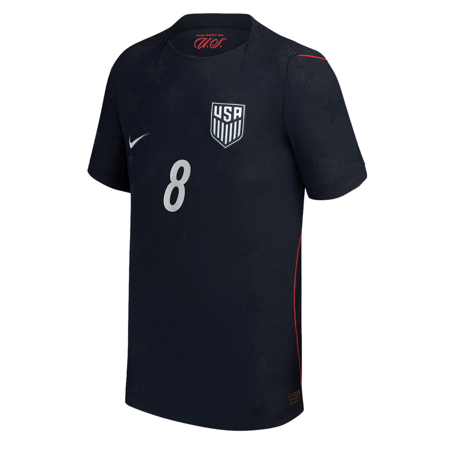 A dark blue USA national team soccer jersey featuring a large white number 8 centered on the front. The jersey includes a white Nike swoosh on the right chest, the USA soccer crest on the left, and subtle embossed star patterns throughout the fabric with thin red accents on the shoulders and sides.