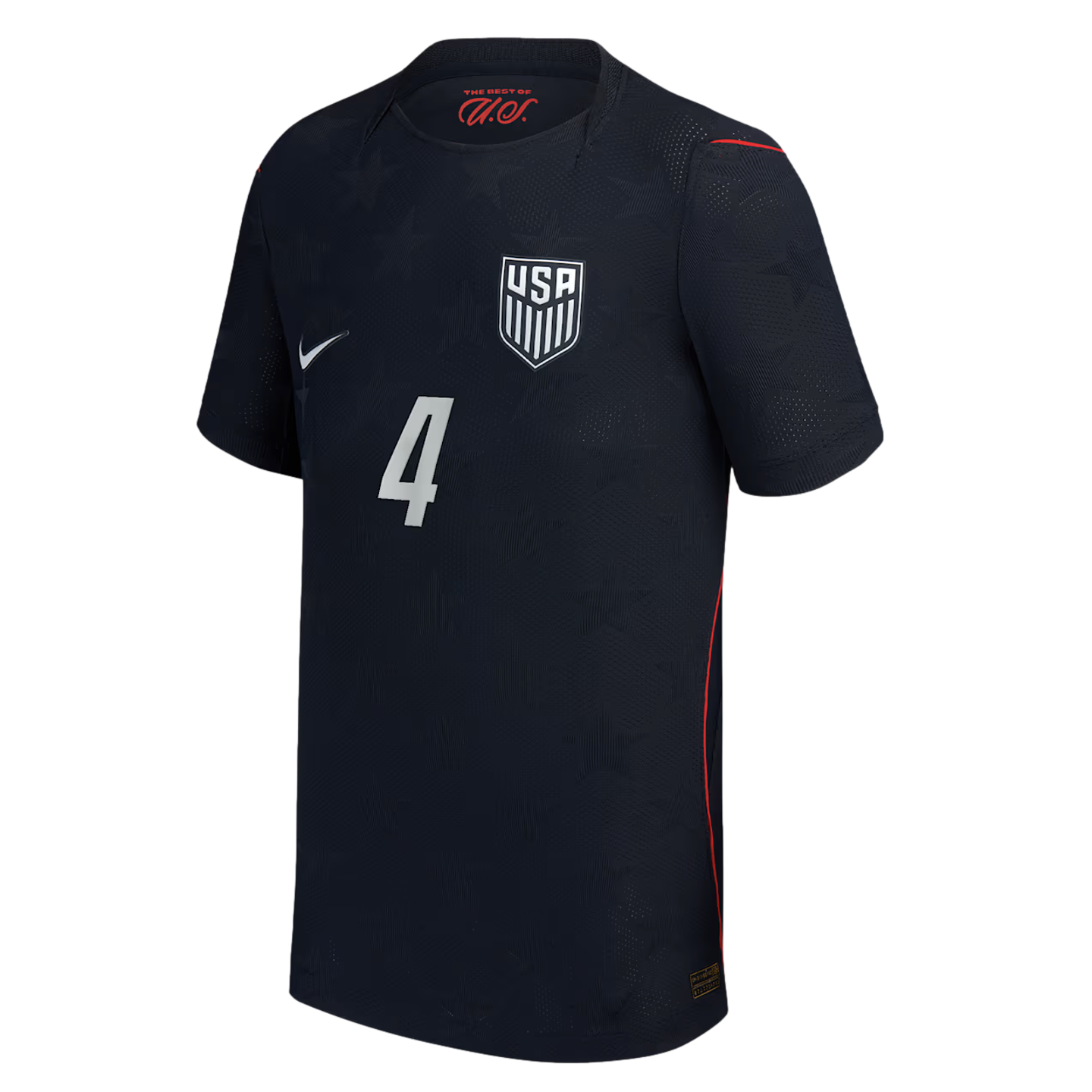 A dark navy blue Nike USA soccer jersey featuring the team's white crest, a white Nike swoosh, and a large white number 4 on the front. The jersey has a subtle star-textured pattern and thin red accents along the sides and shoulders.