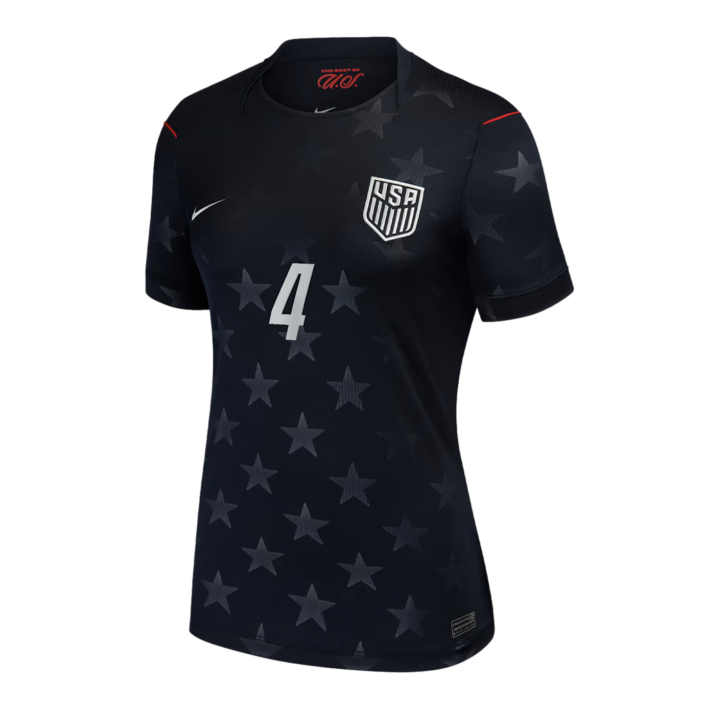 A black US Soccer jersey with a tonal star pattern, featuring a white number 4, the USA team crest, and a white Nike swoosh.