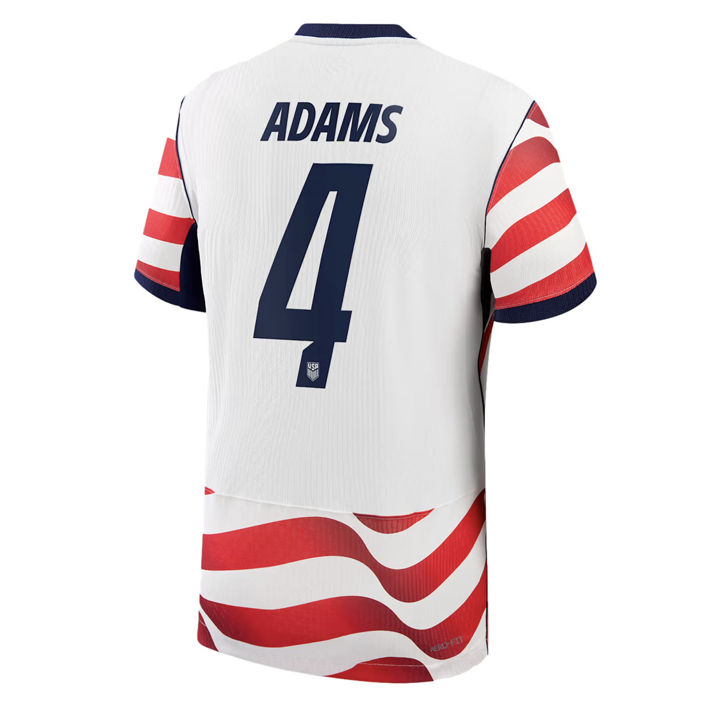 The back view of a white soccer jersey featuring the name "ADAMS" and the number "4" in navy blue. Red and white horizontal stripes accent the sleeves and the lower back in a wavy pattern.
