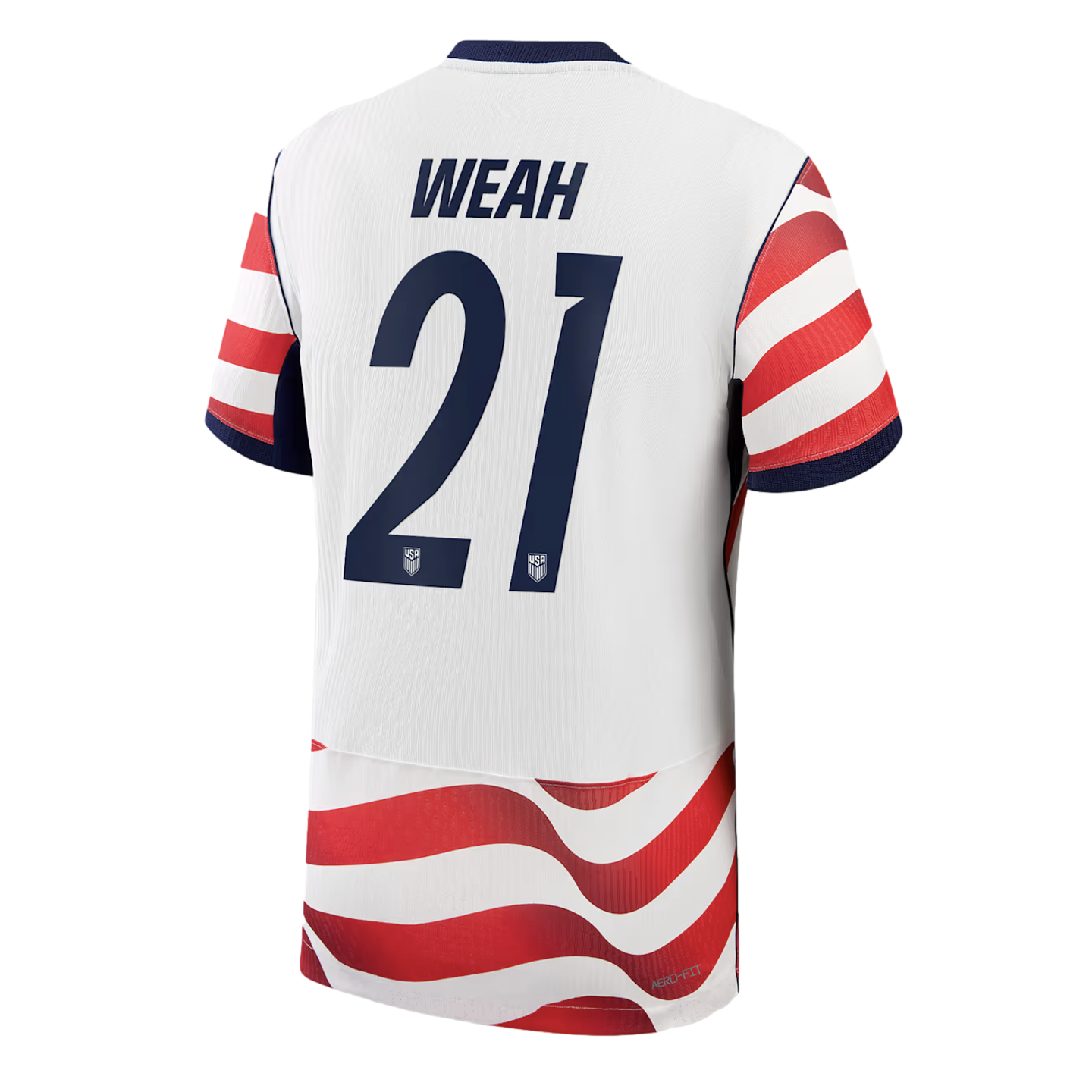 A back view of a white USA soccer jersey against a black background. The jersey features the name "WEAH" in blue lettering across the shoulders and the number "21" in large blue numerals below it. The sleeves and the bottom section of the jersey have red and white stripes. The bottom-right corner has the word "AERO-FIT" in small red text.