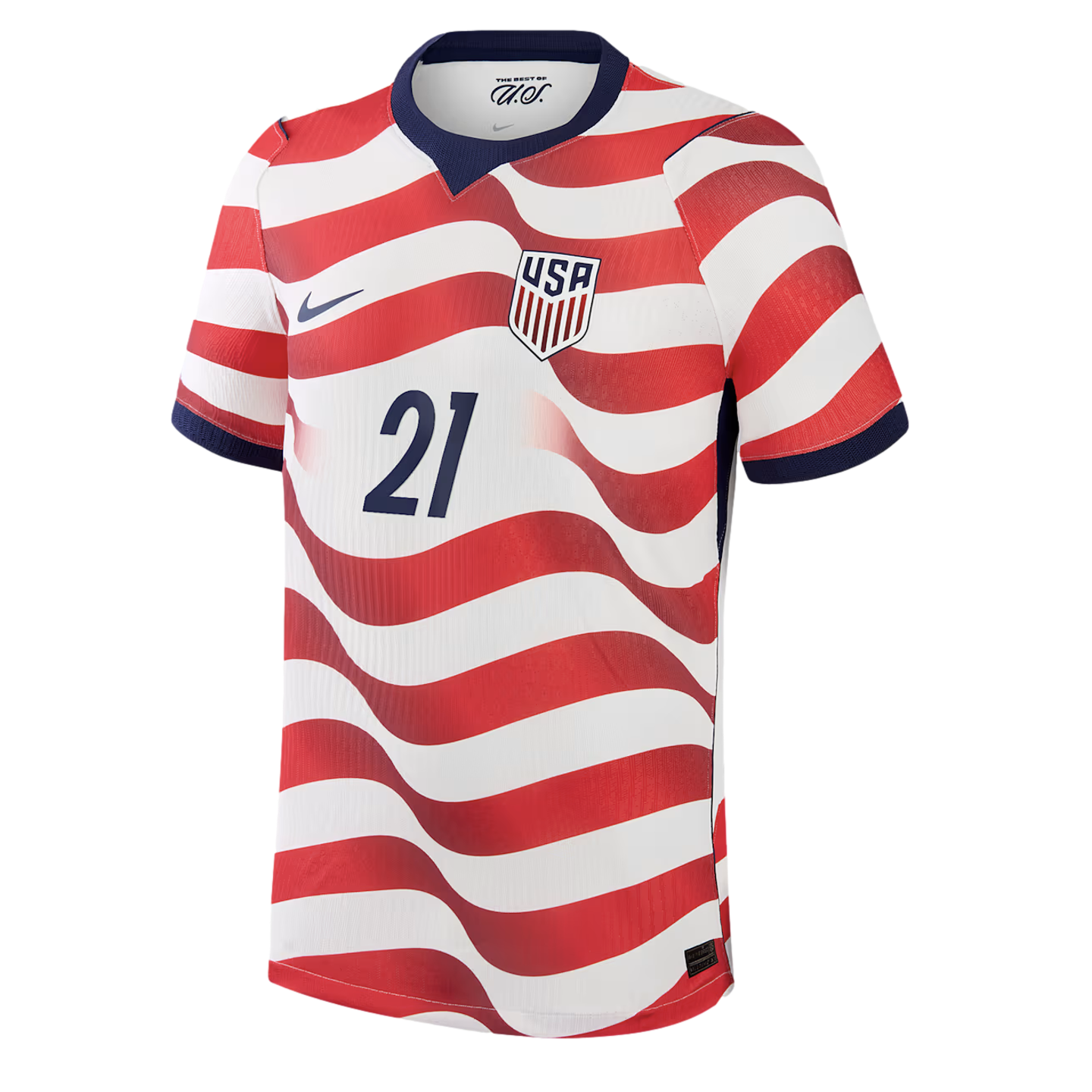 A US Soccer national team jersey with wavy red and white horizontal stripes, a blue V-neck collar, and blue sleeve cuffs. The jersey features a blue Nike swoosh on the right chest, the US Soccer crest on the left, and the number 21 in blue in the center.