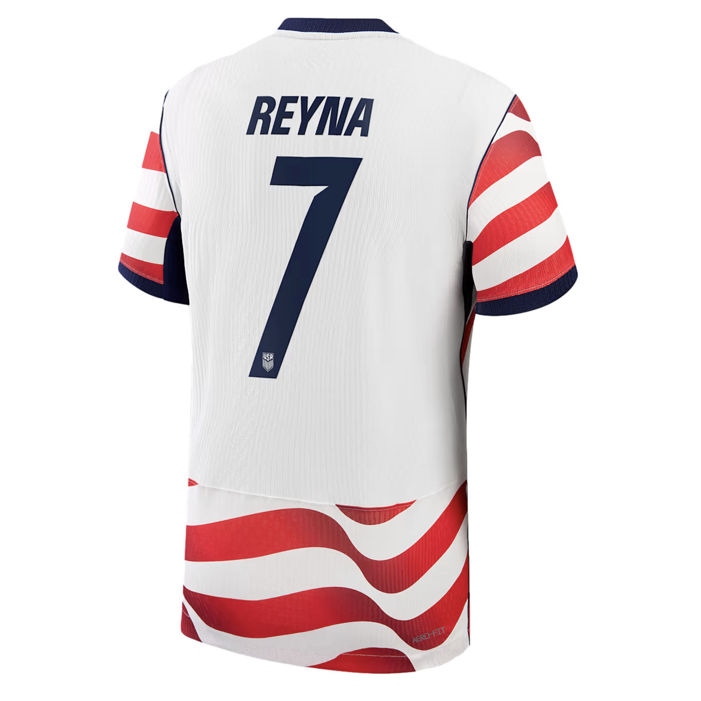 The back of a white United States national team soccer jersey for player Gio Reyna, featuring his name and the number 7 printed in dark blue. The jersey has red and white horizontal stripes on the sleeves and a wavy red and white stripe pattern along the bottom hem.