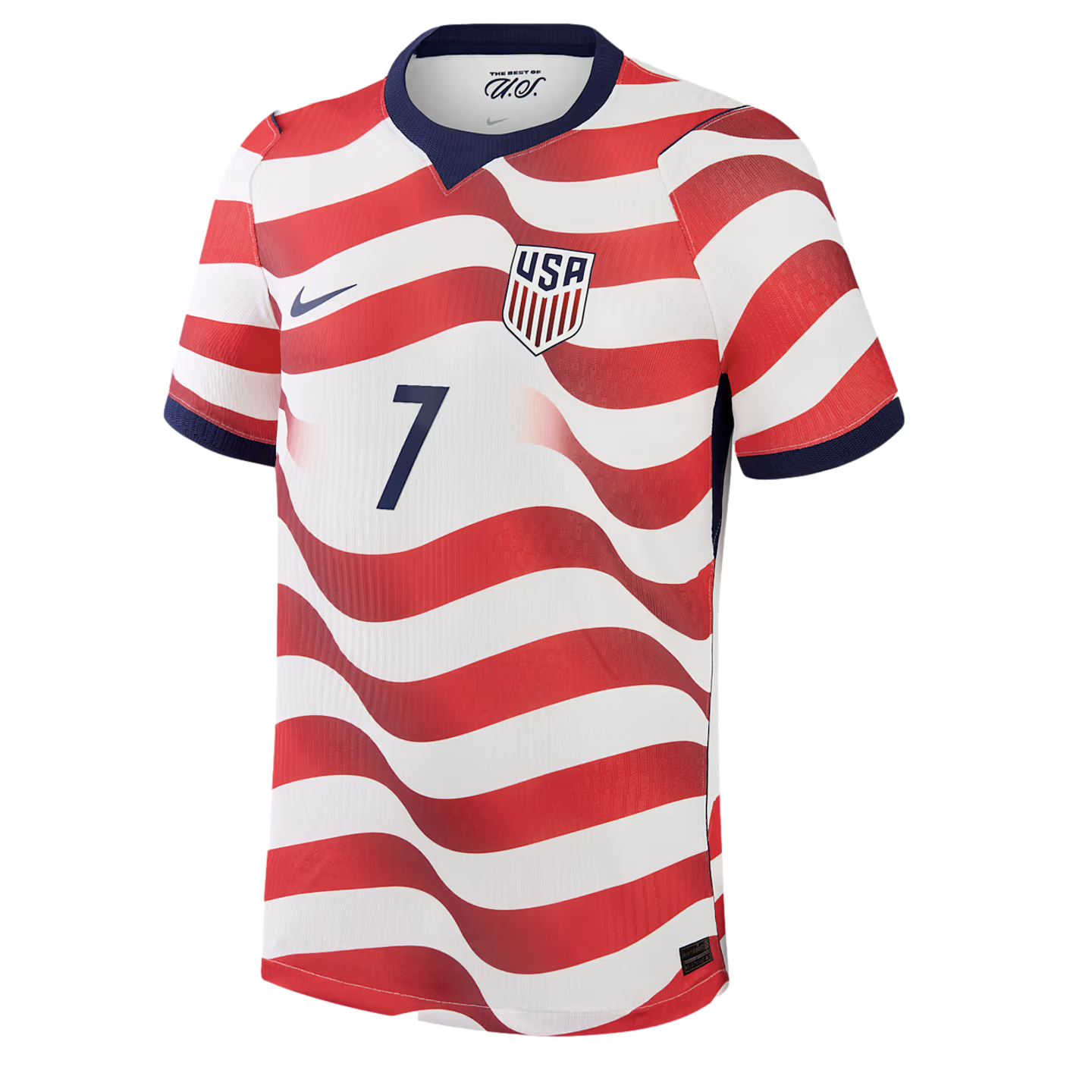 A USA national soccer team jersey featuring a red and white wavy horizontal stripe pattern. The jersey has a navy blue Nike swoosh on the left chest, the USA team crest on the right chest, and a navy blue number 7 centered on the front. The collar and sleeve cuffs are also navy blue.