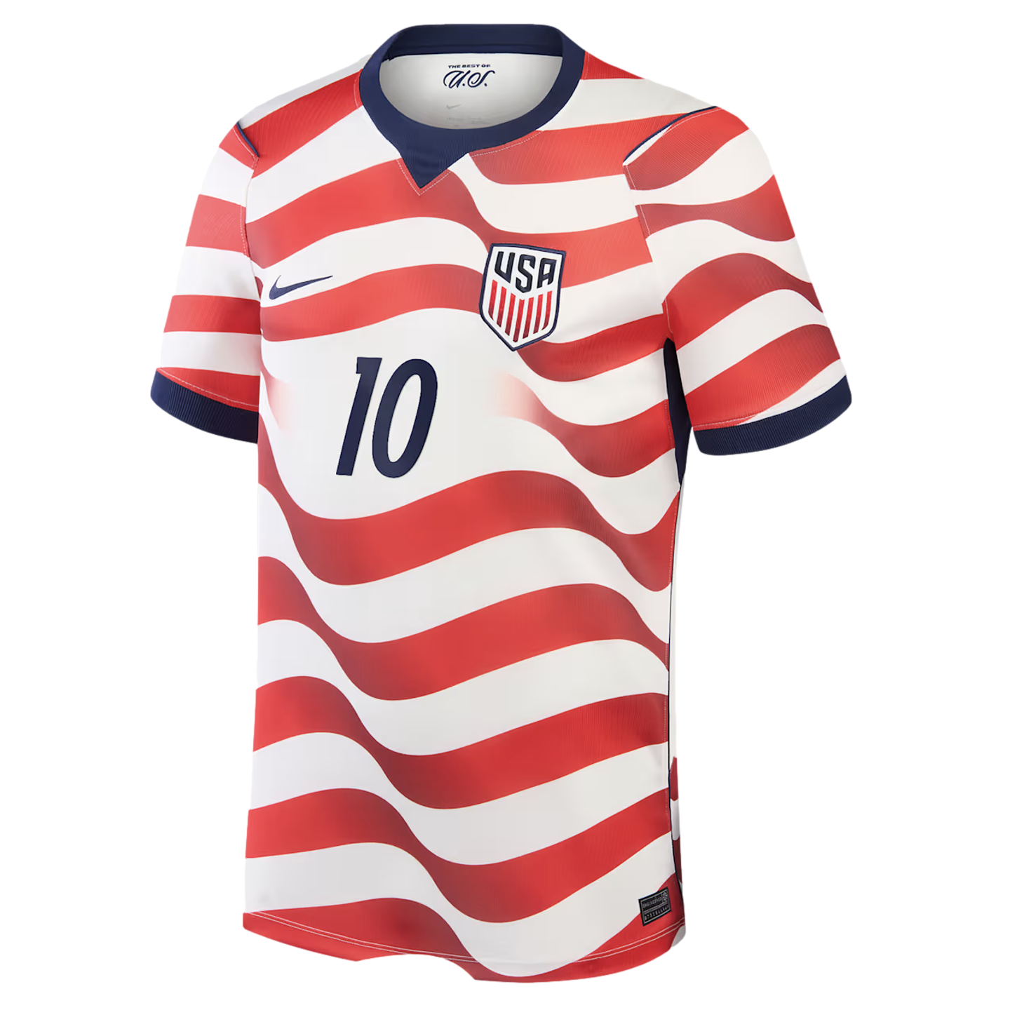 A USA national team soccer jersey with wavy red and white horizontal stripes. The jersey features a dark blue collar and sleeve cuffs, a blue Nike logo, the USA soccer shield, and a large blue number 10 centered on the front.
