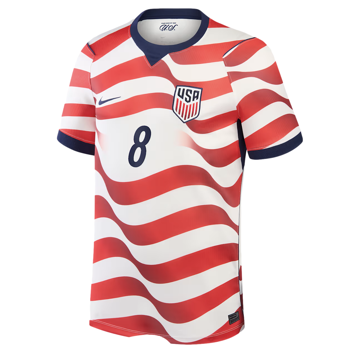 A soccer jersey for the United States national team against a black background. The jersey features wavy horizontal red and white stripes. It has a blue Nike swoosh on the right chest, a US soccer crest on the left chest, and the number 8 in dark blue in the center. The collar and sleeve cuffs are also dark blue.