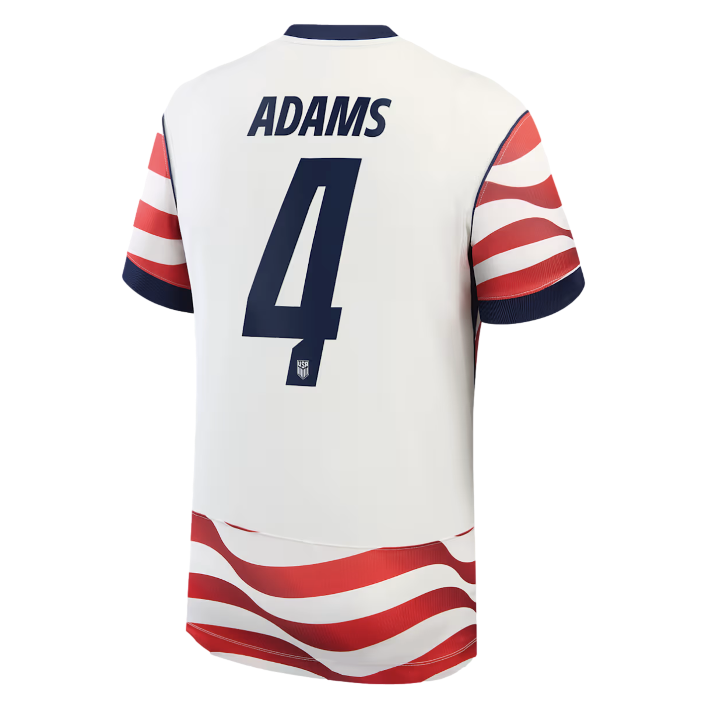 Back of a white USA soccer jersey with "ADAMS" and the number 4 in navy. Red and white wavy stripes are on the sleeves and lower hem.
