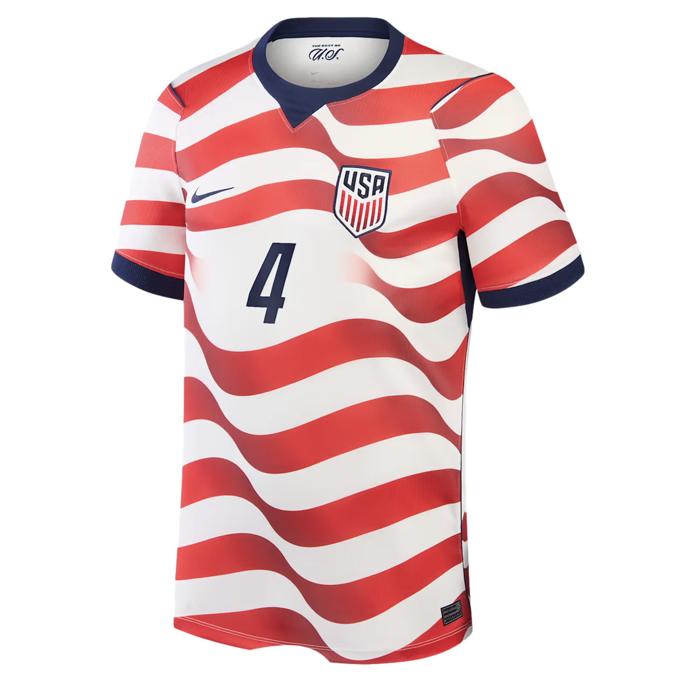 A United States national team soccer jersey featuring red and white wavy horizontal stripes. It has a navy blue V-neck collar, sleeve cuffs, a central number "4," the USA soccer crest on the left chest, and a Nike swoosh on the right.