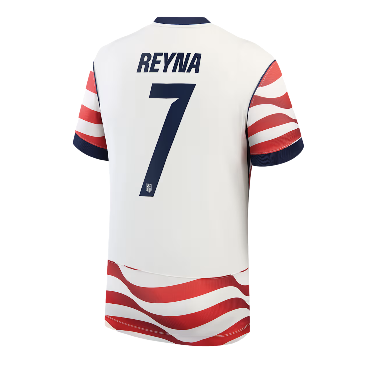Back view of a white Gio Reyna USMNT soccer jersey with a large navy number 7, name REYNA, and wavy red and white stripes on the sleeves and hem.
