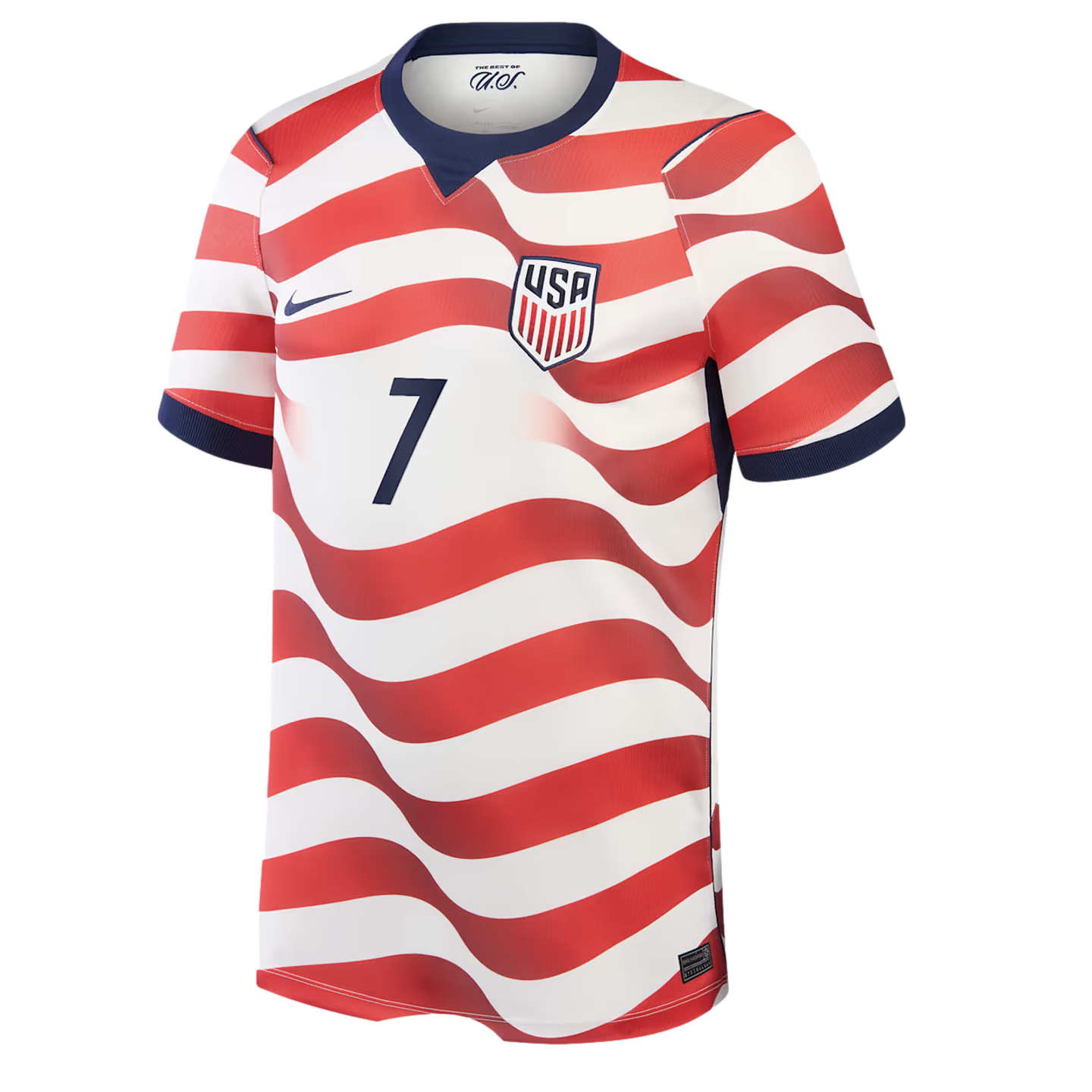 A soccer jersey with wavy red and white horizontal stripes, a navy blue Nike swoosh on the right chest, the US Soccer crest on the left chest, and a navy blue number 7 in the center. The V-neck collar and sleeve cuffs are trimmed in navy blue.