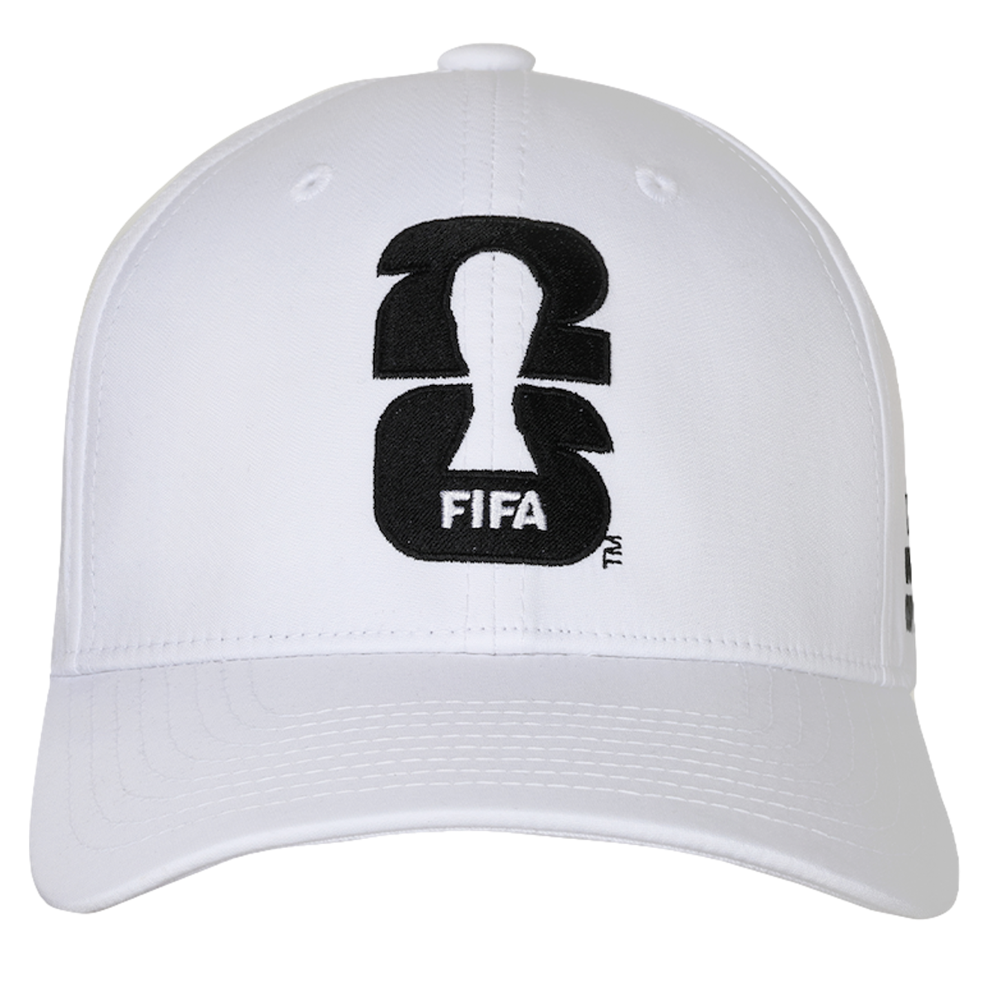 A white structured baseball cap with a curved brim, featuring the black and white logo for the FIFA World Cup 26 on the front. The logo consists of a black "2" stacked on top of a black "6" with the silhouette of the World Cup trophy in white negative space between them. The word "FIFA" is written in white on the lower portion of the "6". The cap is set against a solid black background.