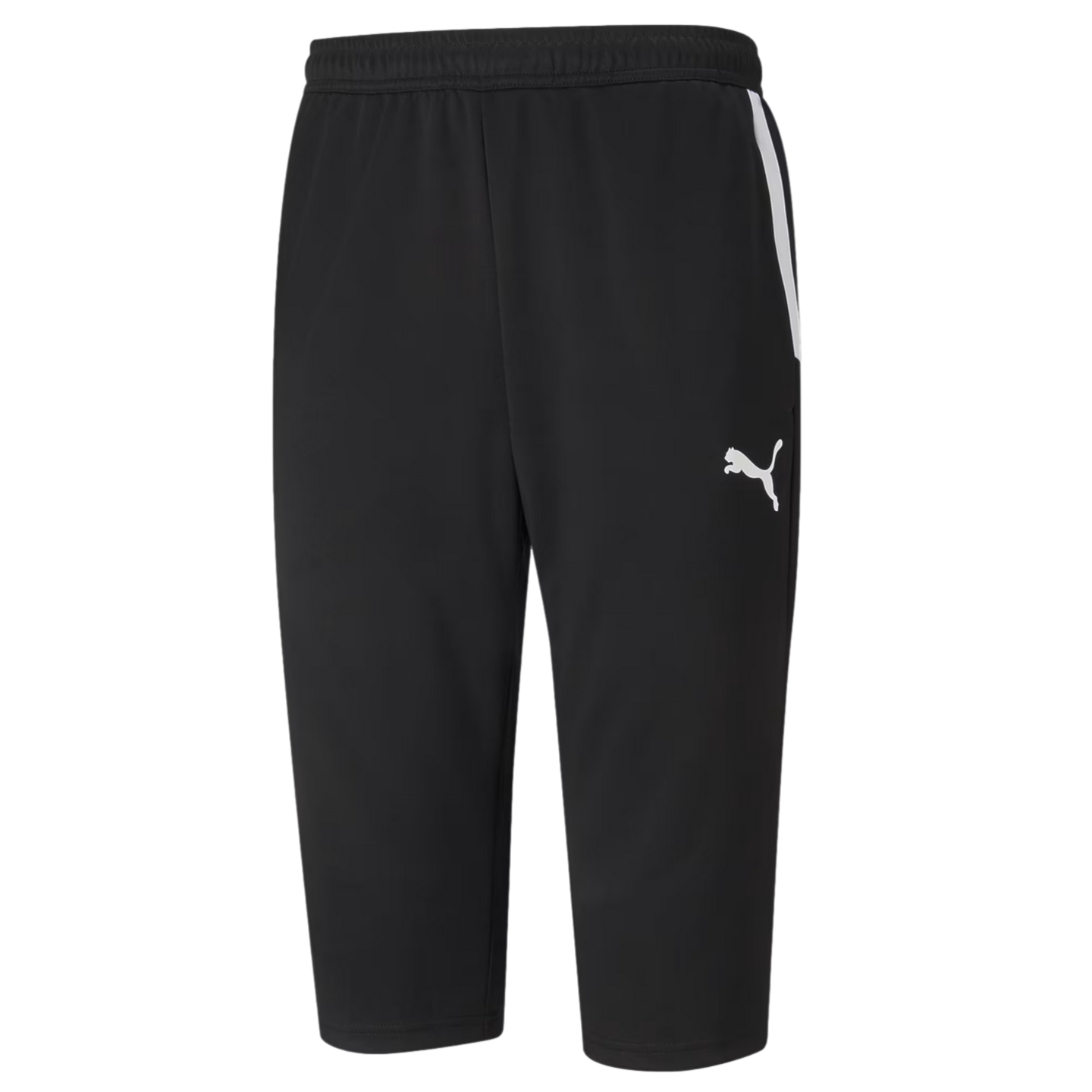 A pair of black 3/4 length PUMA athletic pants featuring a white leaping cat logo on the right thigh and a short white vertical stripe on the outer right hip.