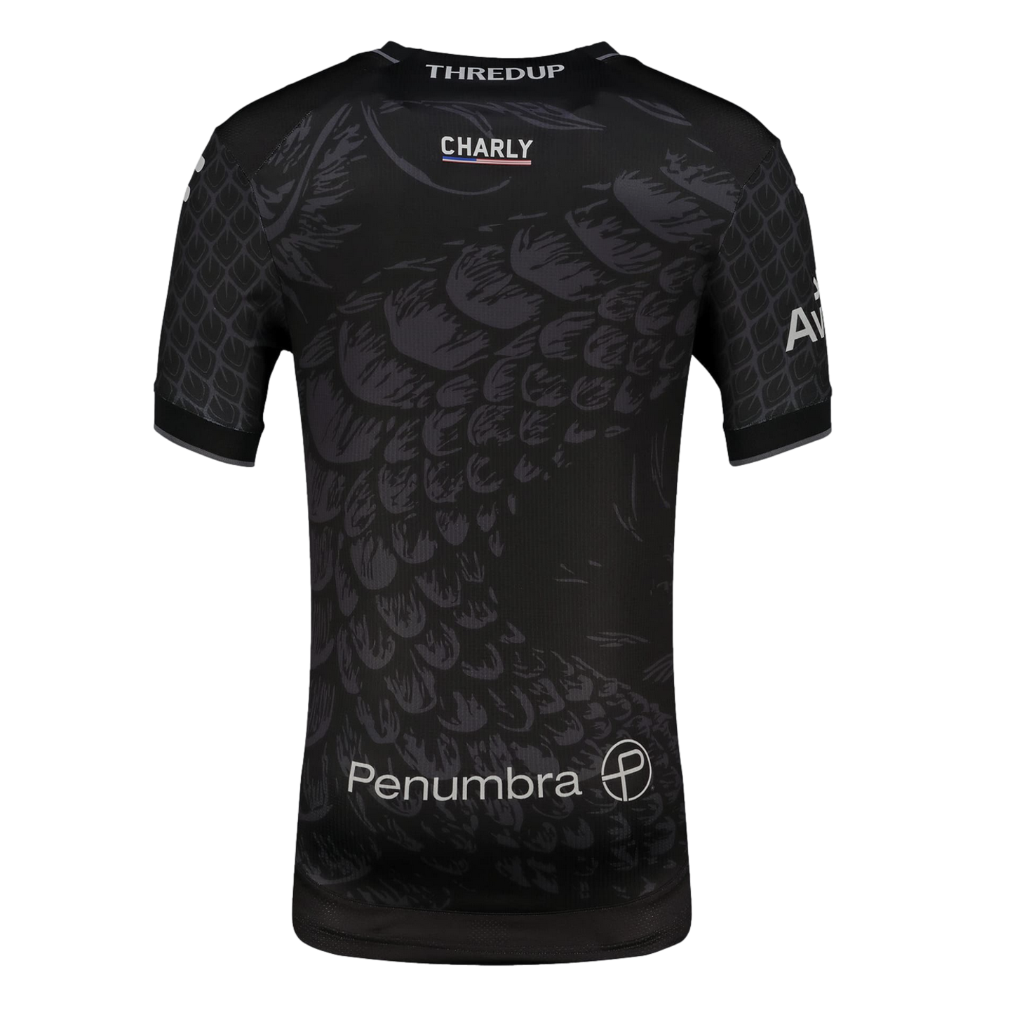 The back view of a black short-sleeved sports jersey featuring a tonal grey pattern of overlapping scales. Several logos are printed in white: "THREDUP" at the collar, "CHARLY" in the center upper back, and "Penumbra" alongside a circular logo at the bottom. The jersey has thin grey trim on the sleeve cuffs and bottom hem.