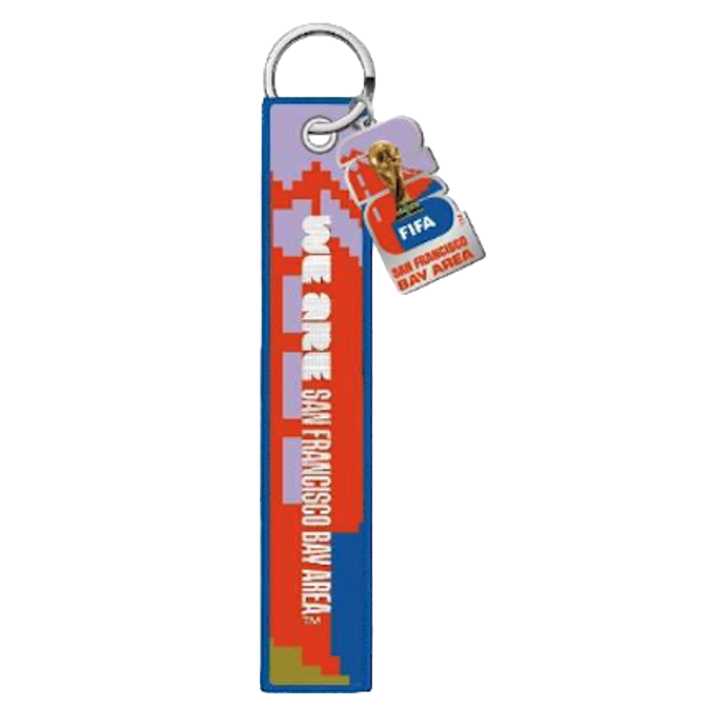 A keychain featuring a long blue fabric strap and a smaller charm. The strap has a red and purple pixelated design and white text that reads "WE ARE SAN FRANCISCO BAY AREA". The smaller charm displays the FIFA World Cup 26 logo, a gold trophy image, and "SAN FRANCISCO BAY AREA" text.
