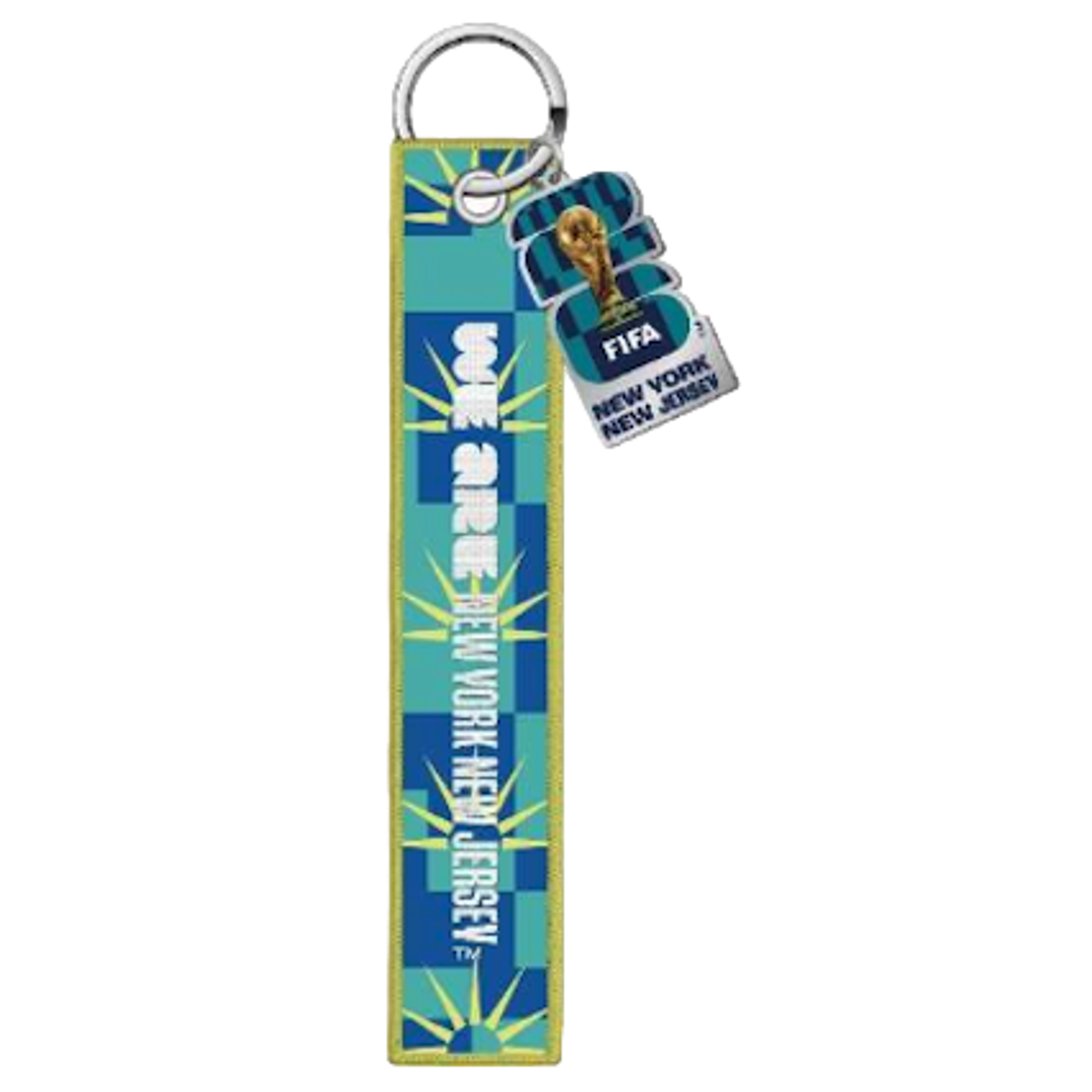 A FIFA World Cup 2026 keychain featuring a long, embroidered blue and teal fabric strip with vertical white text reading "WE ARE NEW YORK NEW JERSEY." A smaller dangling tag shows the official tournament logo, the World Cup trophy, and the host city names.