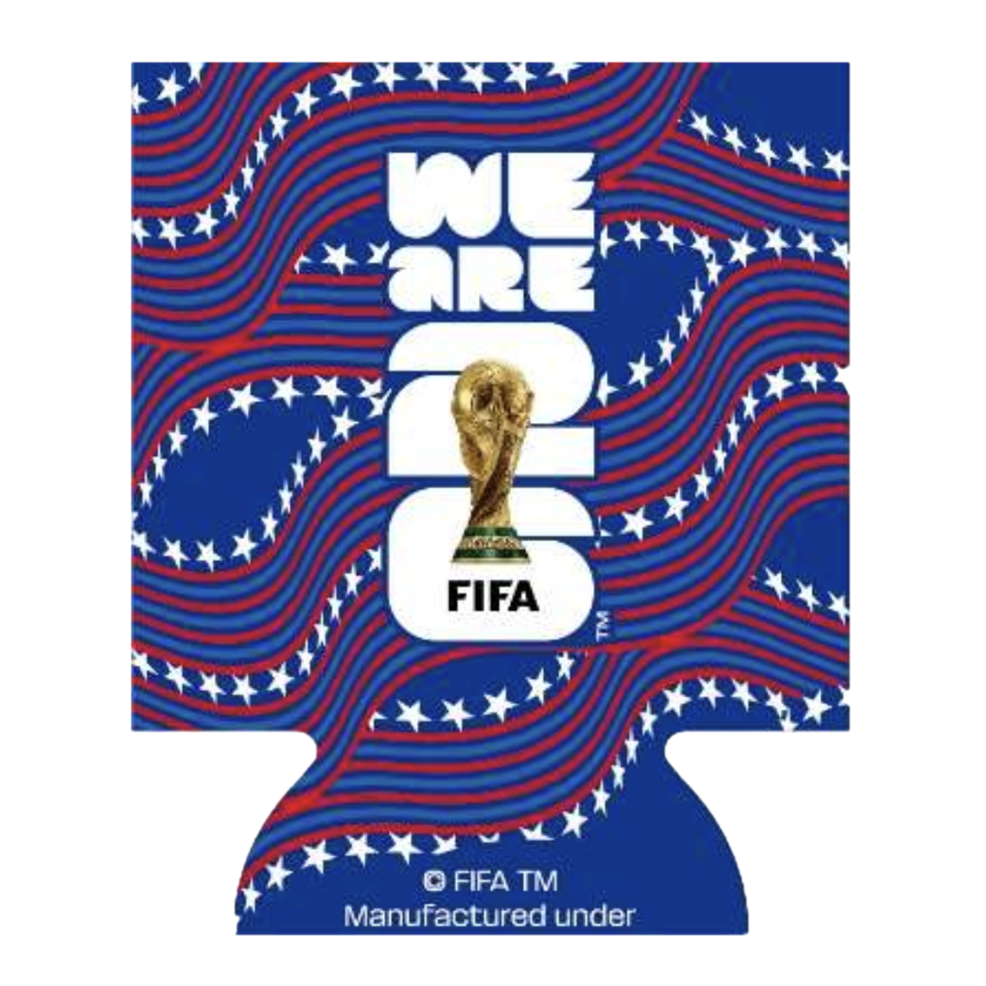 A promotional graphic for the FIFA World Cup 2026 in the shape of a can cooler. Large white text reads "WE ARE 26" with the FIFA World Cup trophy graphic centered in the middle. The background features a pattern of wavy blue, red, and white stripes with white stars.