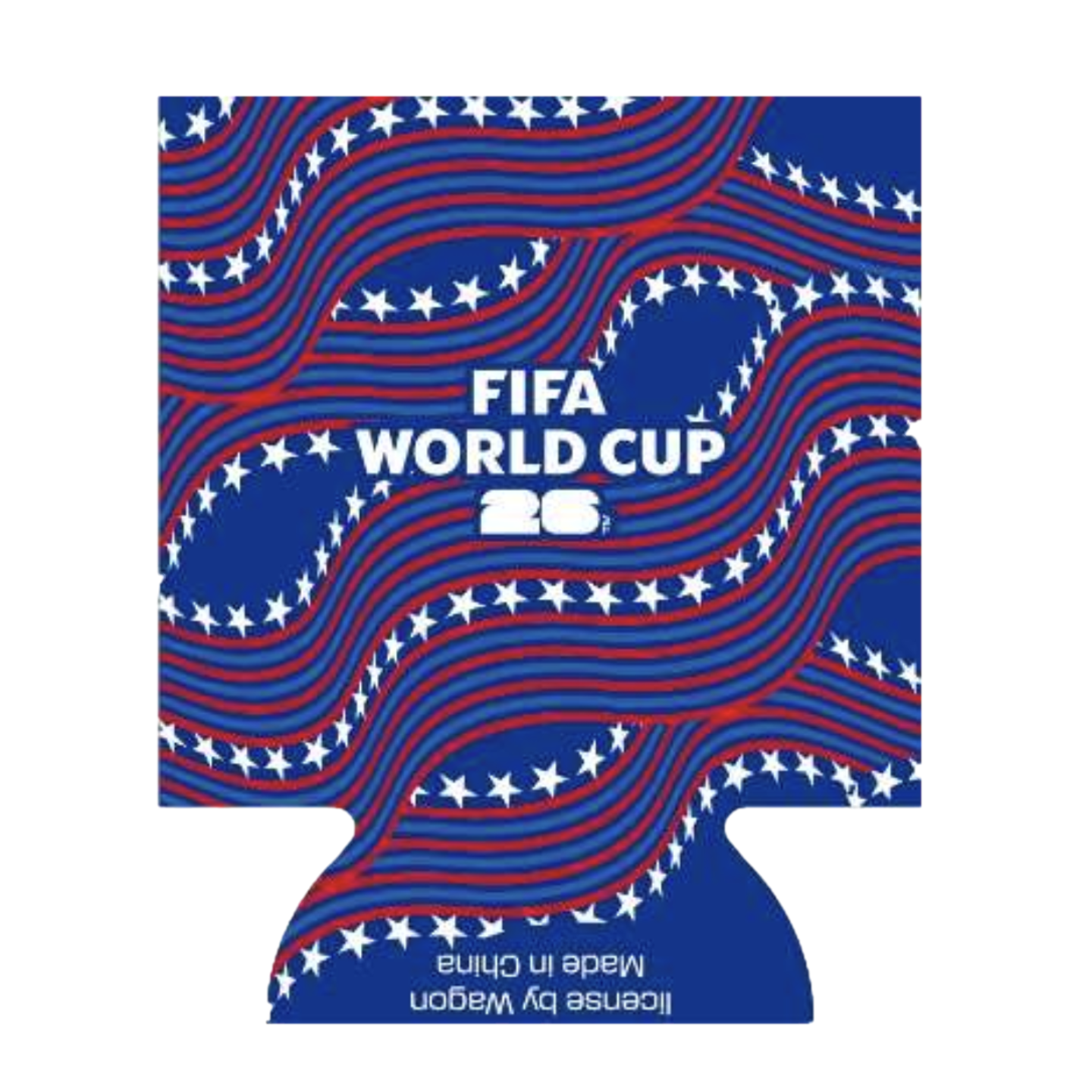 A flat, blue can koozie design featuring a patriotic pattern of wavy red and blue stripes and rows of white stars. The central text reads "FIFA WORLD CUP 26" in bold white. At the bottom, smaller upside-down text reads "Made in China" and "license by Wagon".