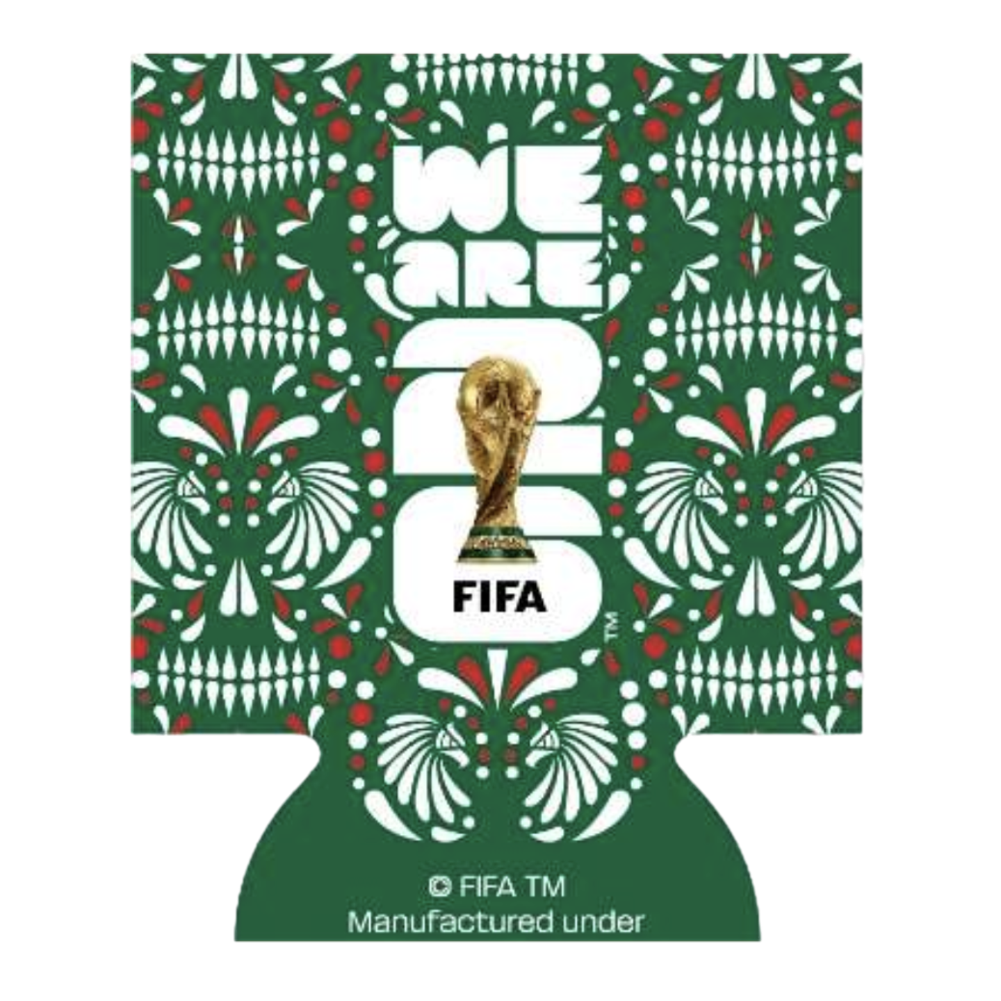 A green can cooler sleeve featuring a white and red repeating pattern of stylized skulls. In the center, large white text reads "WE ARE 26" with an image of the gold FIFA World Cup trophy positioned within the "26". The FIFA logo is printed below the text.