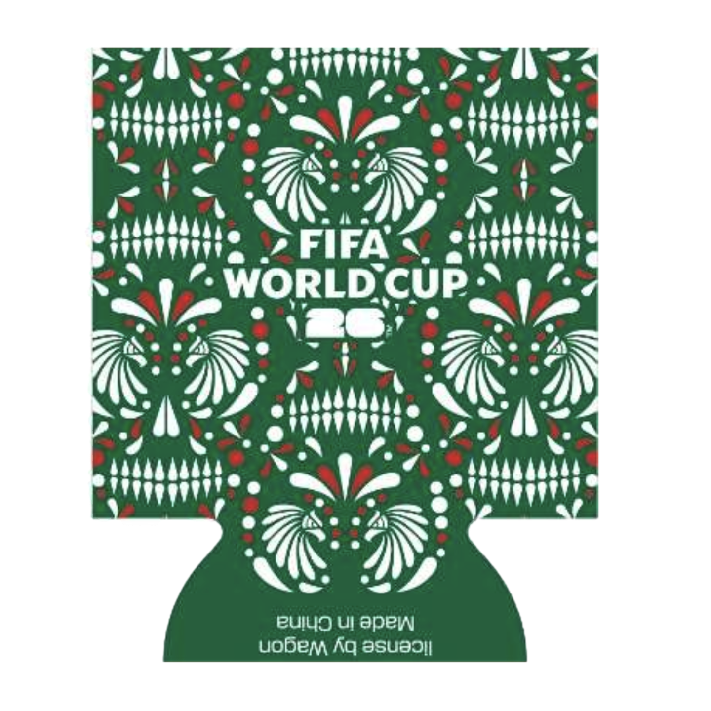 A green can cooler featuring a white and red repeating pattern of stylized eagle heads and skull-like folk art designs. The center is printed with the text "FIFA WORLD CUP 26" in a bold white font. Upside-down text on the bottom flap reads "license by Wagon Made in China."