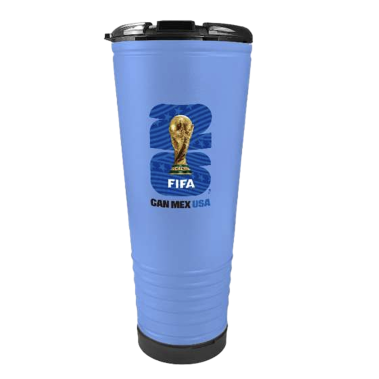A light blue travel tumbler featuring the FIFA World Cup 2026 logo. The logo depicts a golden trophy over a large blue "26" with white stars and wavy stripes. Beneath the trophy is the word "FIFA" in white, and the text "CAN MEX USA" is printed below in black. The tumbler has a black lid and a black base, with horizontal ridges along its lower half.