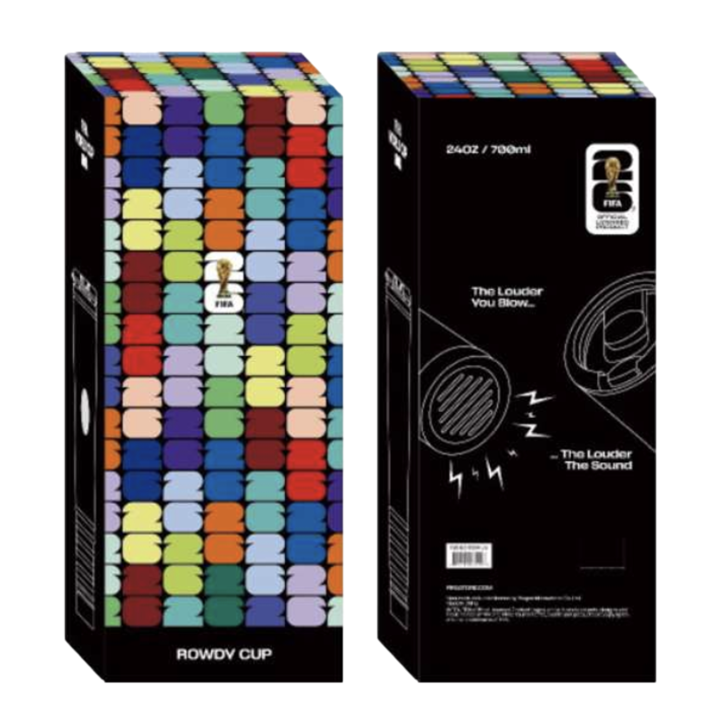 The image displays two views of a tall, rectangular box for a "ROWDY CUP," an official FIFA World Cup 2026 product. The front and top of the box feature a vibrant, repeating pattern of the number "26" in various colors. The back of the box is black and displays a 24oz / 700ml capacity and a graphic illustration of a sound-making feature with the text, "The Louder You Blow... The Louder The Sound."