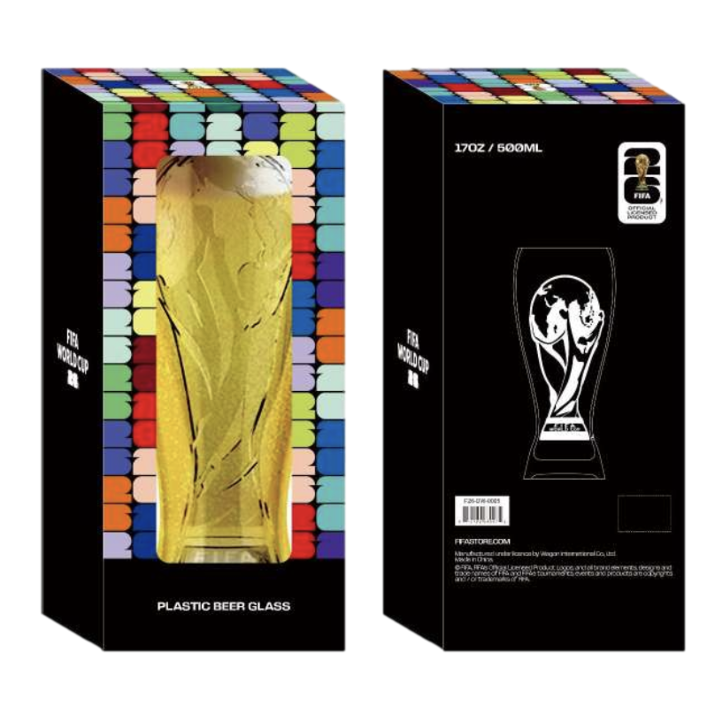Two views of the packaging for a FIFA World Cup 26 plastic beer glass. The front of the black box features a colorful repeating "26" pattern and a window displaying a golden glass shaped like the World Cup trophy. The back includes the 500ml capacity, a line drawing of the glass, and official branding.