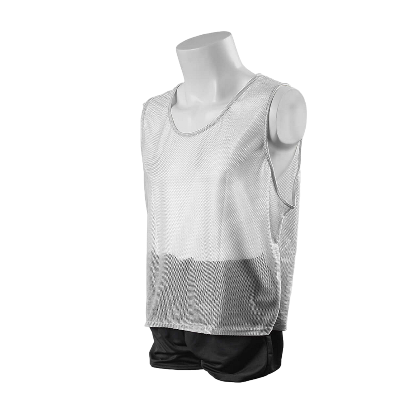 A white mesh athletic training bib with grey trim, displayed on a headless torso mannequin wearing black shorts against a solid black background.