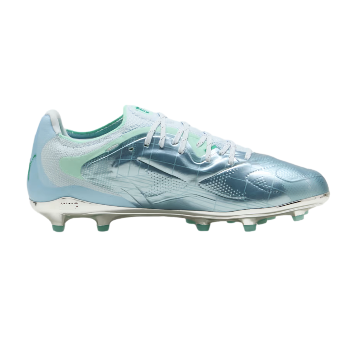 A side profile of a light blue and metallic silver soccer cleat with mint green accents and a chrome soleplate, set against a solid black background.