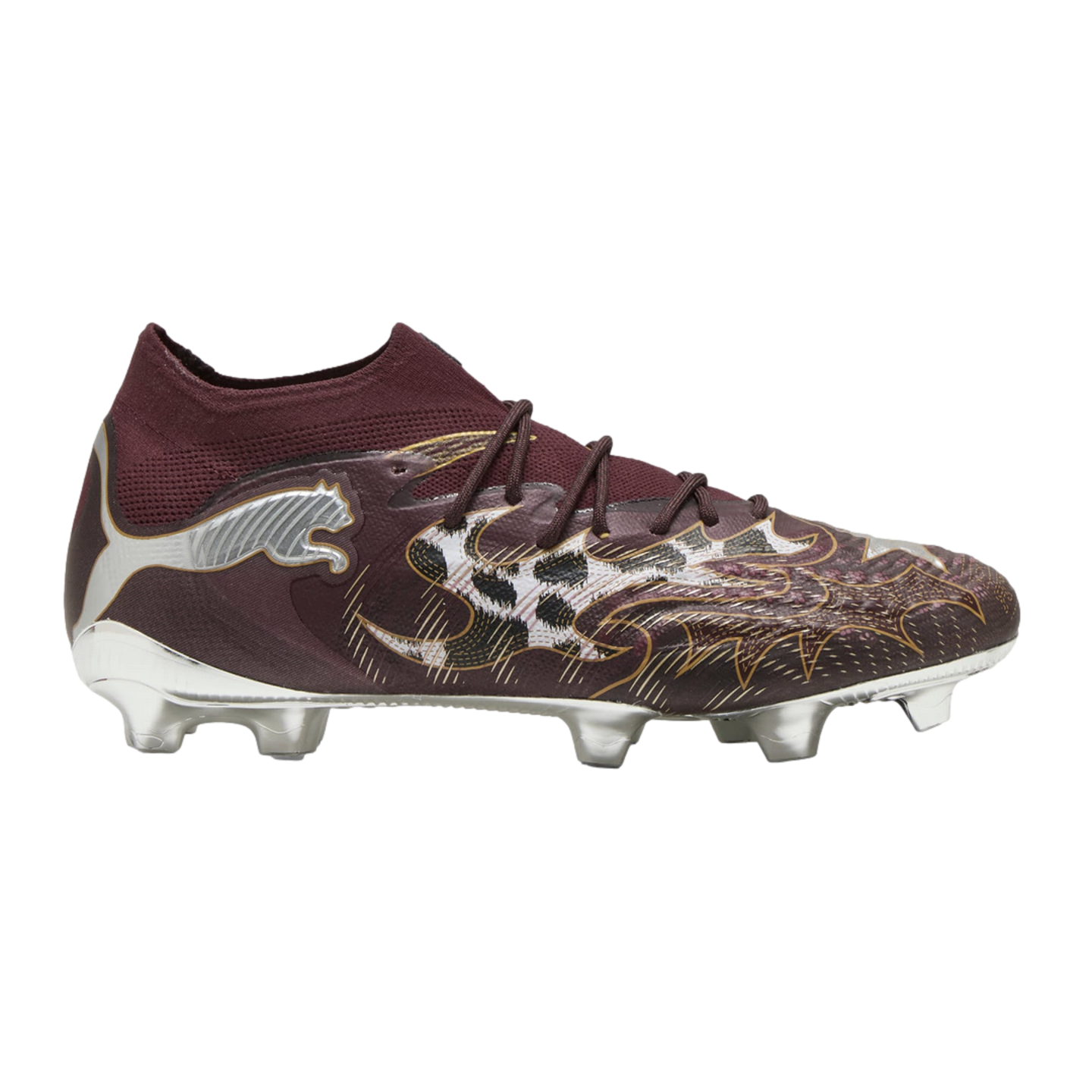 A side profile of a maroon Puma football boot with silver accents and intricate graphic patterns, set against a solid black background.