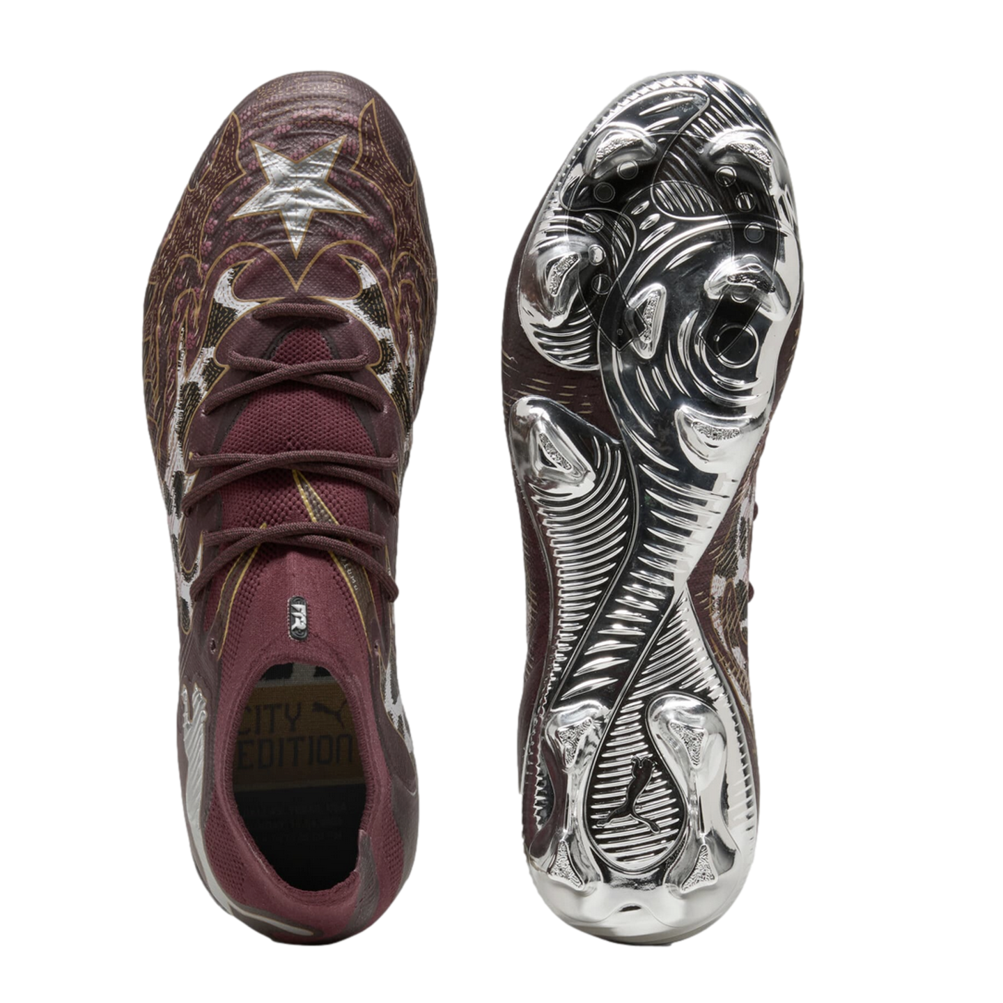 Top and bottom views of a maroon Puma soccer cleat featuring a star-patterned upper and a shiny chrome soleplate.