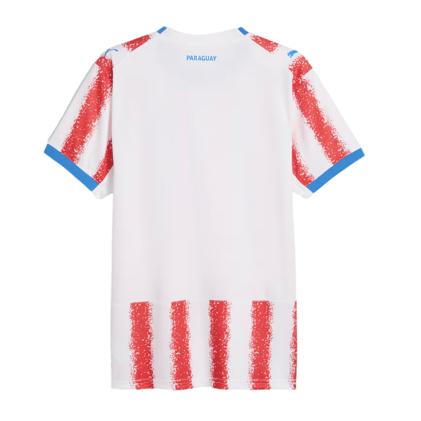 Back view of a white Paraguay soccer jersey with red textured stripes, blue trim on sleeves and shoulders, and "PARAGUAY" printed in blue on the upper back.
