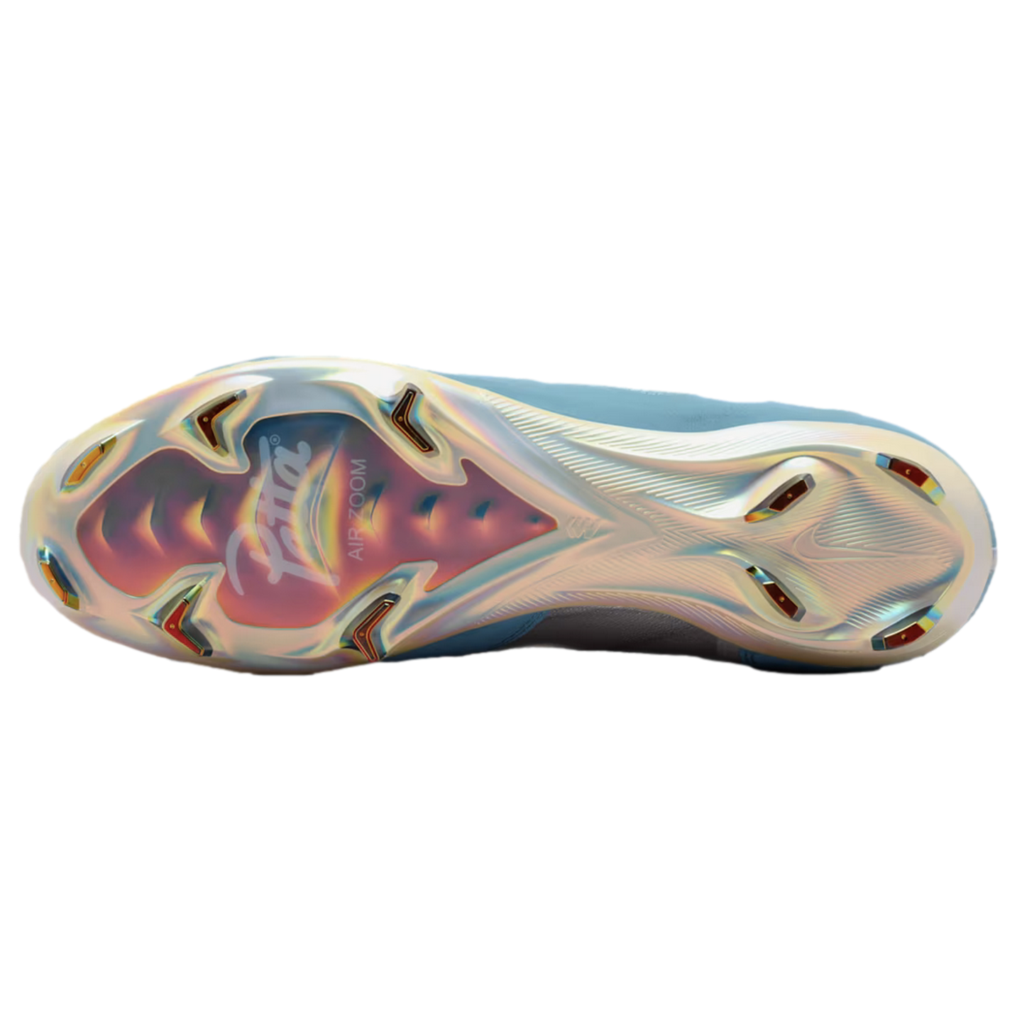 Bottom view of a Nike x Patta soccer cleat featuring an iridescent pearly soleplate, angular studs, and prominent "Patta" and "AIR ZOOM" branding.