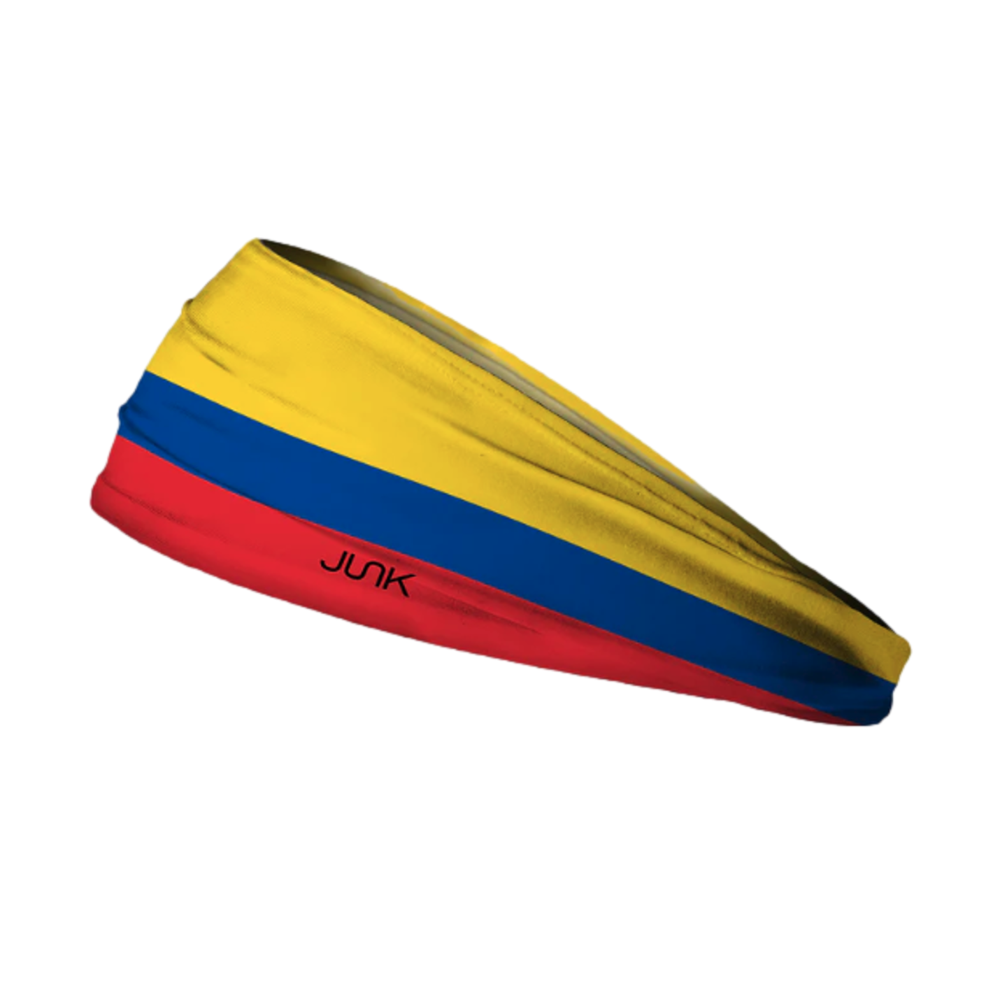 A headband featuring the yellow, blue, and red horizontal stripes of the Colombian flag, with a black "JUNK" logo on the red stripe, set against a black background.