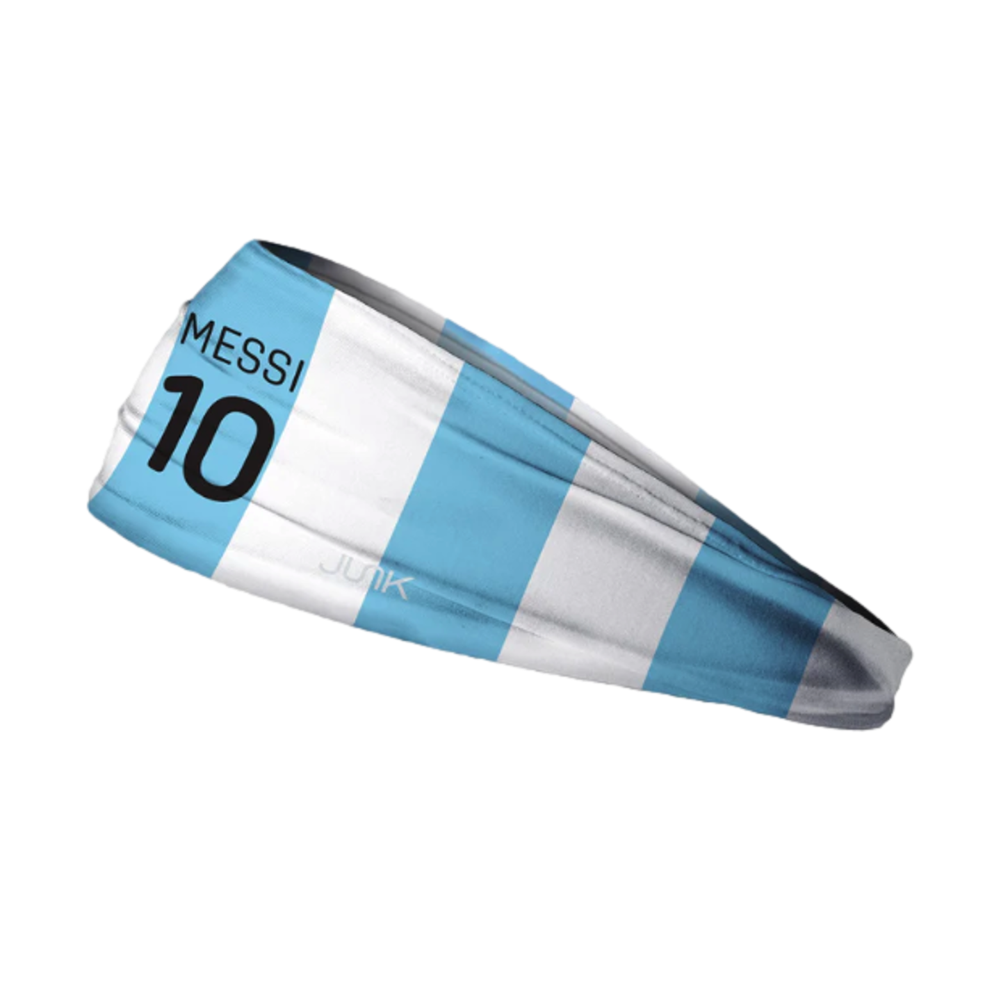 Light blue and white striped headband featuring the name "MESSI" and number "10" in black, with a small JUNK logo.