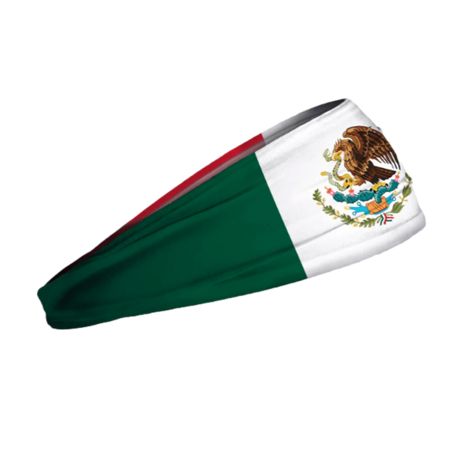 A tapered athletic headband featuring the Mexican flag design with the national coat of arms on a white panel, set against a black background.