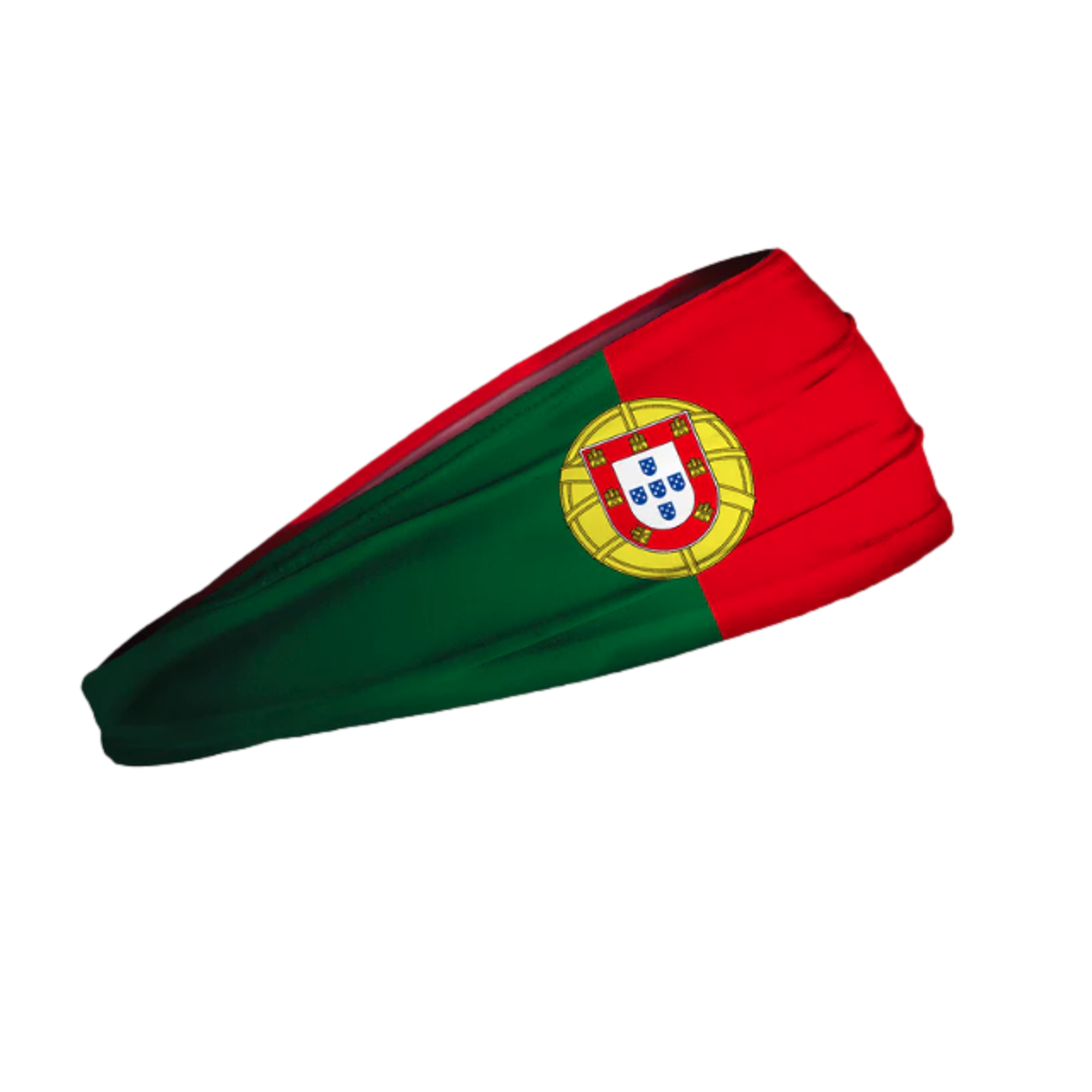 A sports headband featuring the Portuguese flag's green and red colors and coat of arms, displayed against a black background.
