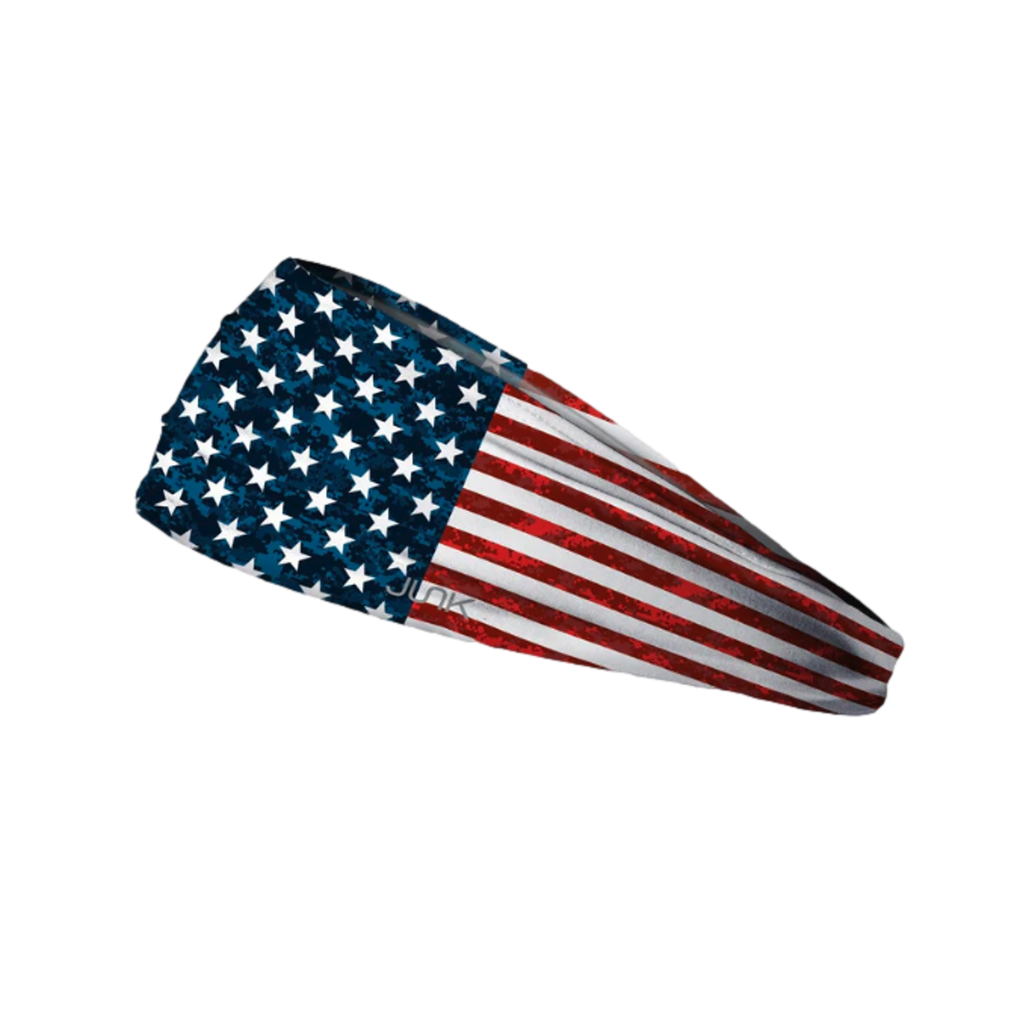 Distressed JUNK brand headband with a weathered American flag stars and stripes pattern on a black background.