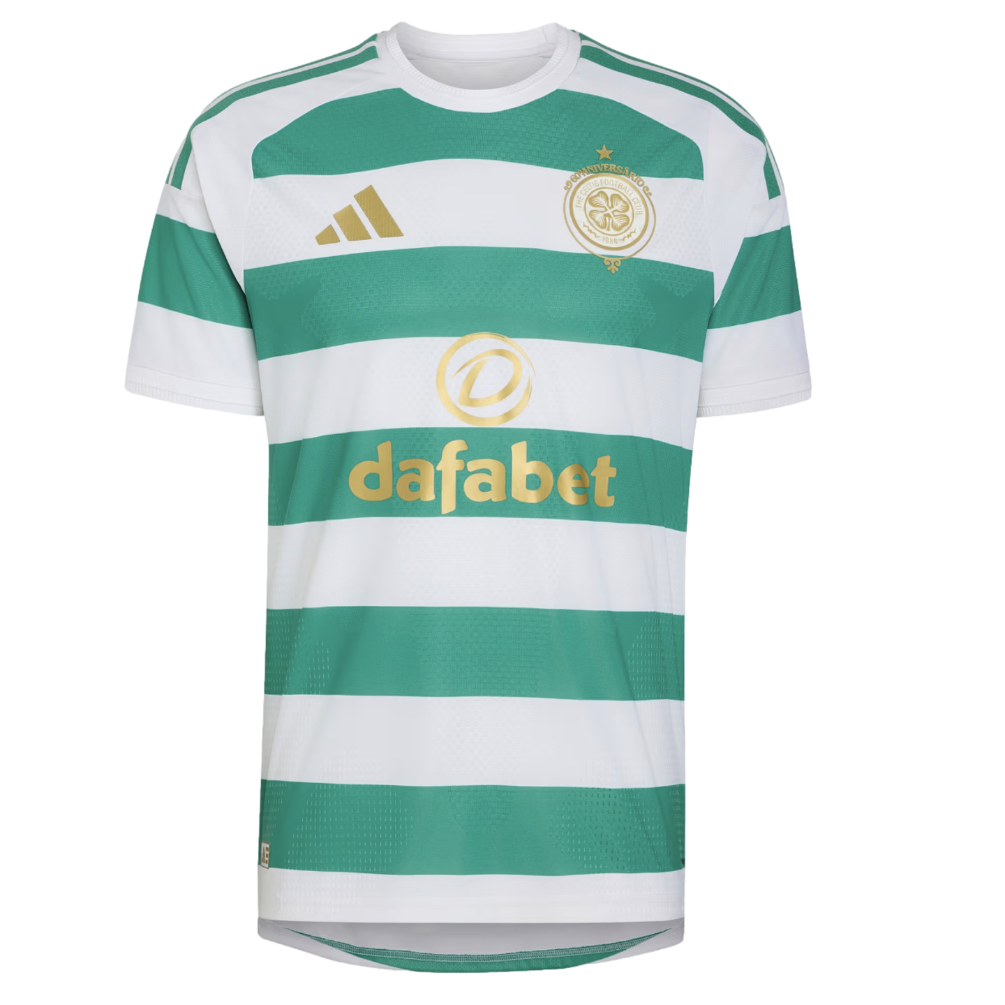 Celtic FC soccer jersey featuring green and white horizontal hoops, with gold Adidas logo, club crest, and 'dafabet' sponsor.
