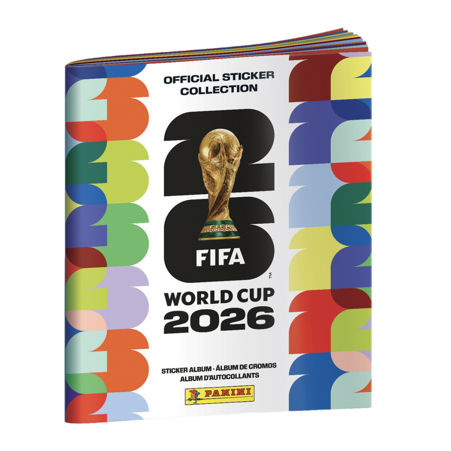 Panini sticker album for the FIFA World Cup 2026. The white cover features the gold trophy, the year 2026, and colorful patterned borders on each side.
