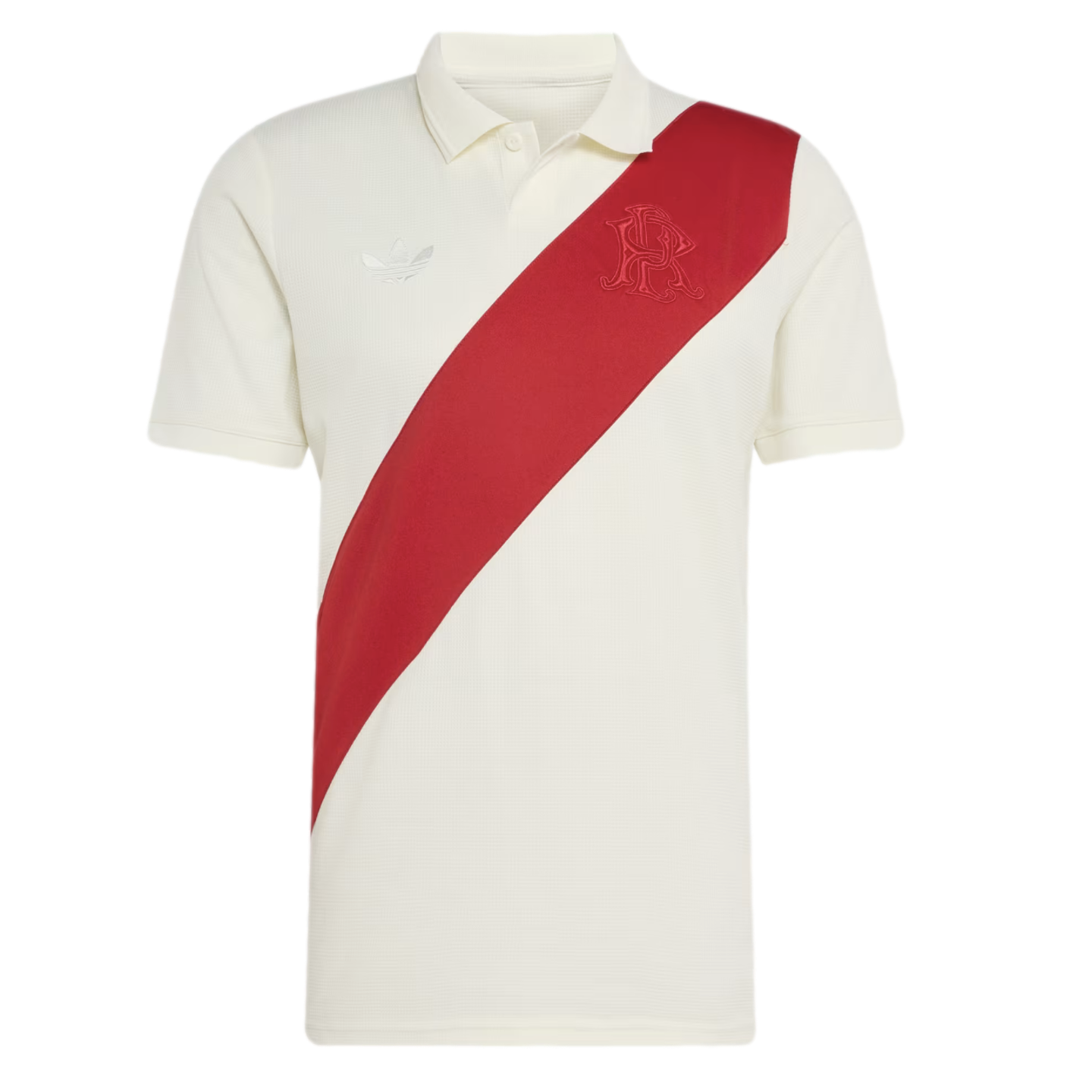 Off-white short-sleeve Adidas polo shirt featuring a prominent red diagonal sash and an embroidered monogram crest.
