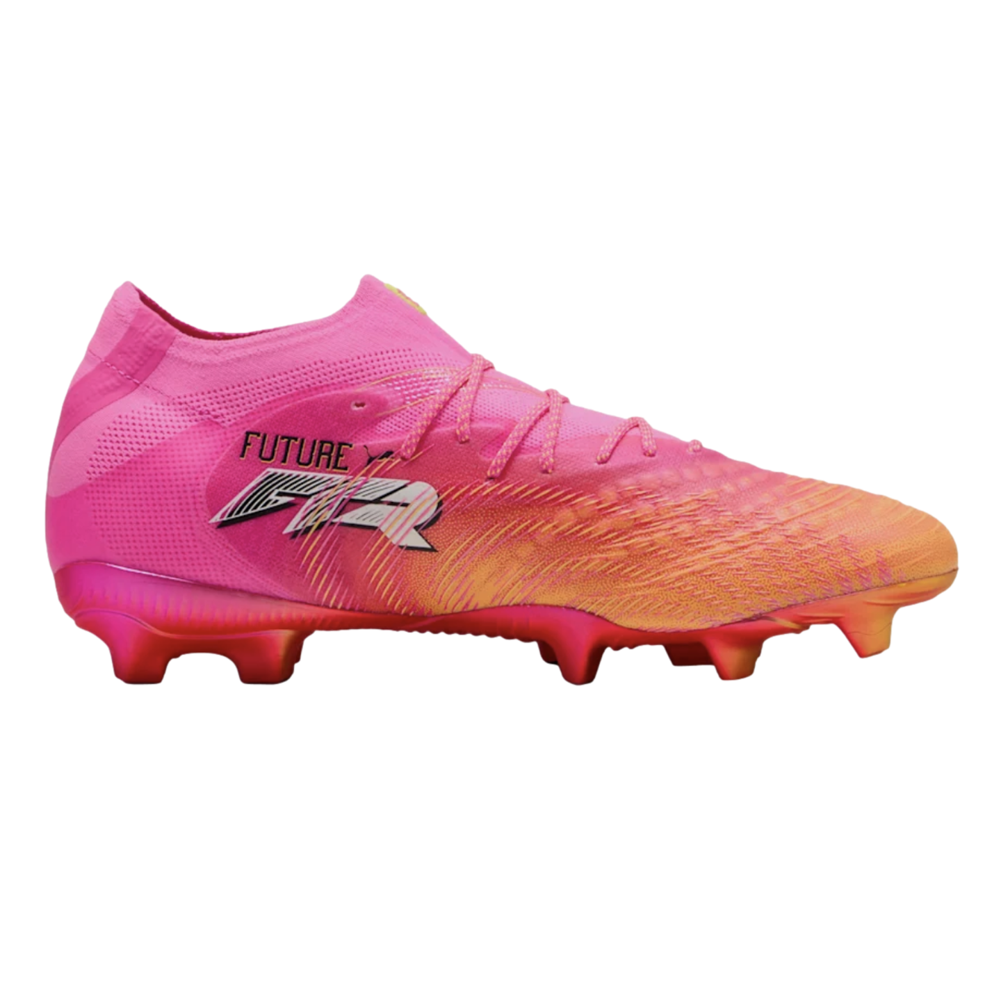 A vibrant pink and orange Puma Future soccer cleat with a textured upper and matching studs, shown in profile against a plain white background.