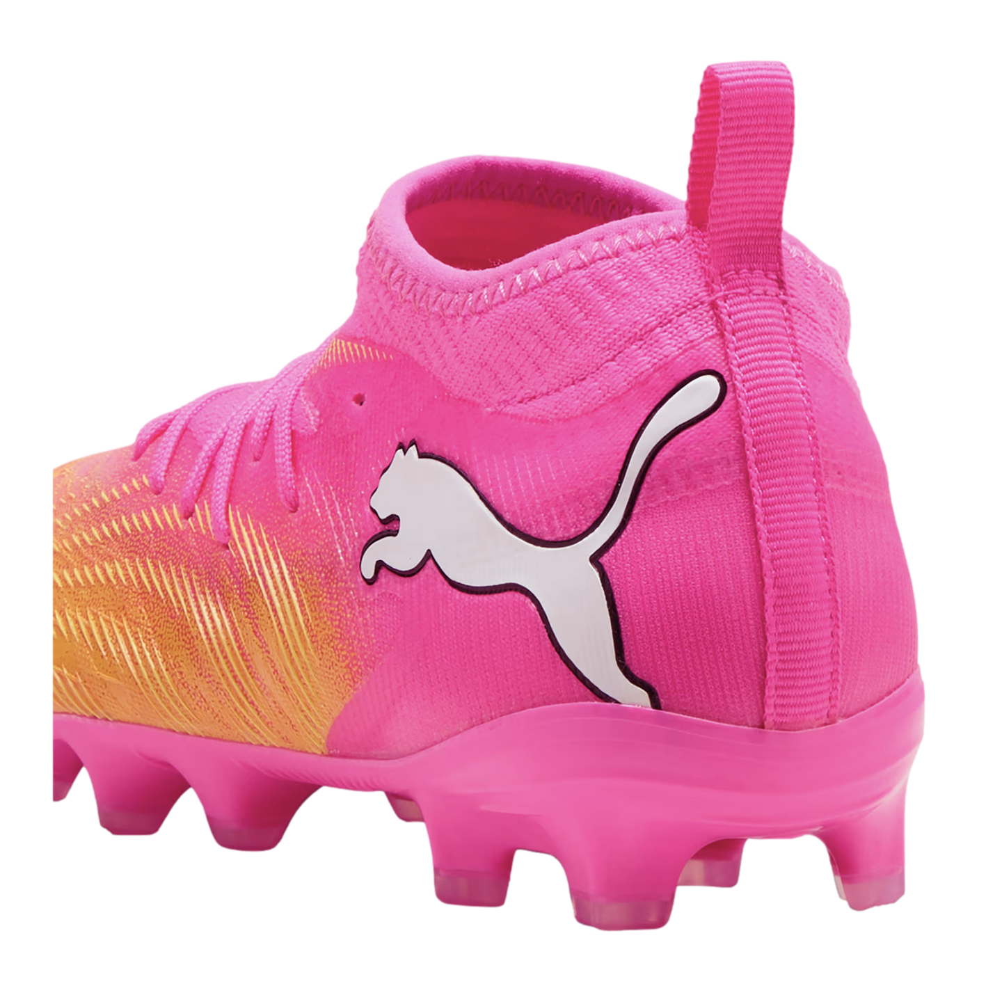 A bright pink and orange Puma soccer cleat with a white logo and a sock-like ankle collar.