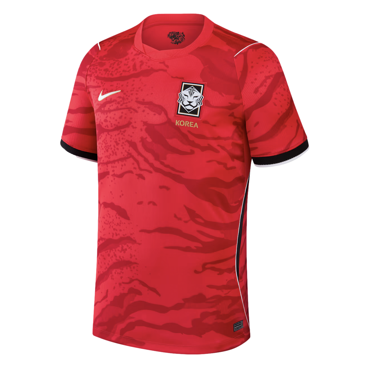 Red Nike South Korea national football team home jersey featuring a tonal tiger stripe pattern, team crest, and white swoosh.