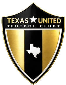 Shield-shaped logo for Texas United Futbol Club featuring gold and black vertical stripes, a white star, and a white map of Texas in the center.