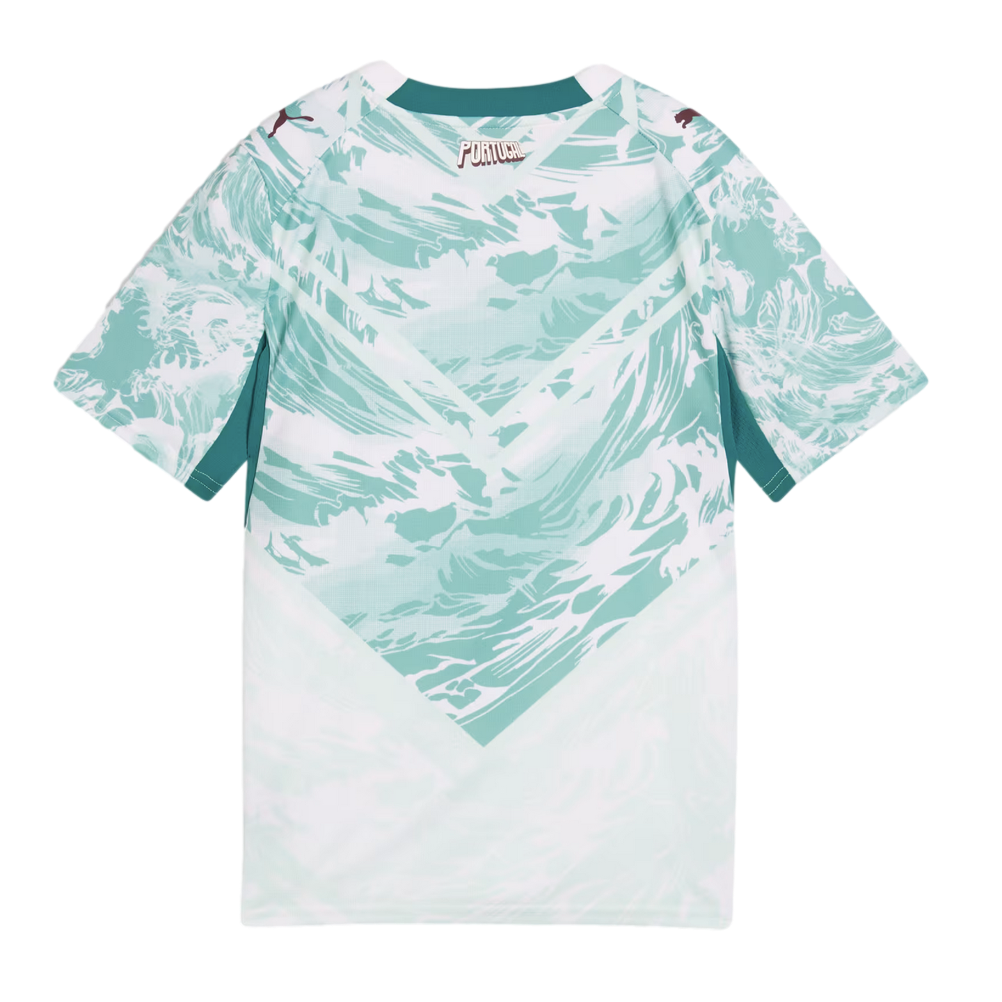 Back view of a white and teal Portugal jersey, featuring a wavy, surf-inspired pattern forming a large chevron shape on the back. The jersey has a solid teal collar and "PORTUGAL" printed just below the neckline. Small burgundy Puma logos are visible on each shoulder.