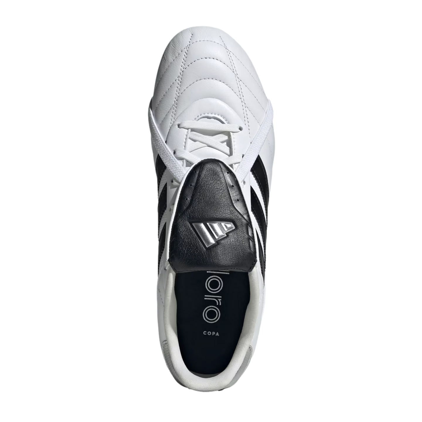 Top-down view of a white Adidas Copa soccer cleat with a quilted leather upper, white laces, and a black fold-over tongue featuring a silver logo, against a black background.