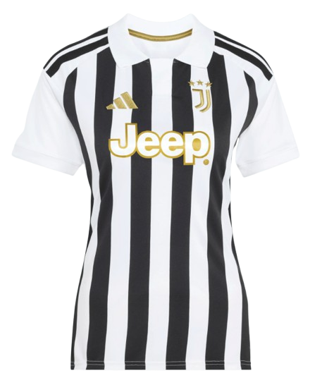 Juventus home jersey featuring black and white vertical stripes with gold Adidas logo, Juventus crest, and Jeep sponsor logo. It has a white polo collar.