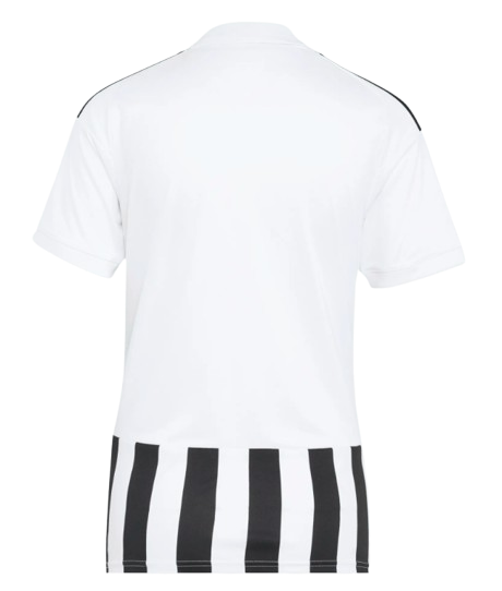 Back view of a white short-sleeved jersey featuring a black and white vertically striped panel at the bottom hem and black stripes on the shoulders.